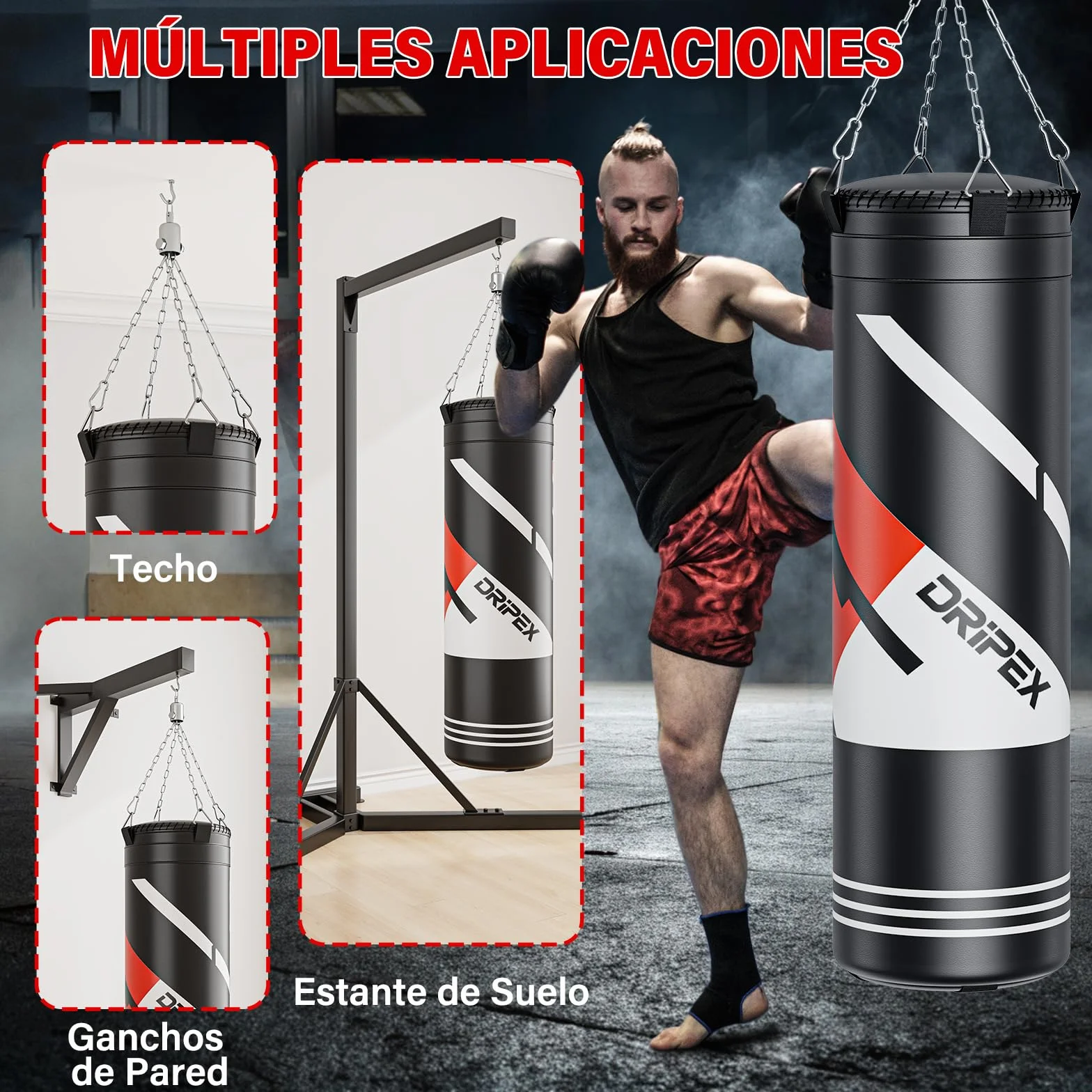 Dripex Saco de Boxeo Colgante para Adultos, Equipo de Entrenamiento de Saco Boxeo con 12oz Guantes, Cadena de Acero Giratoria de 360° para Kárate Kickboxing Muay Gimnasio en Casa