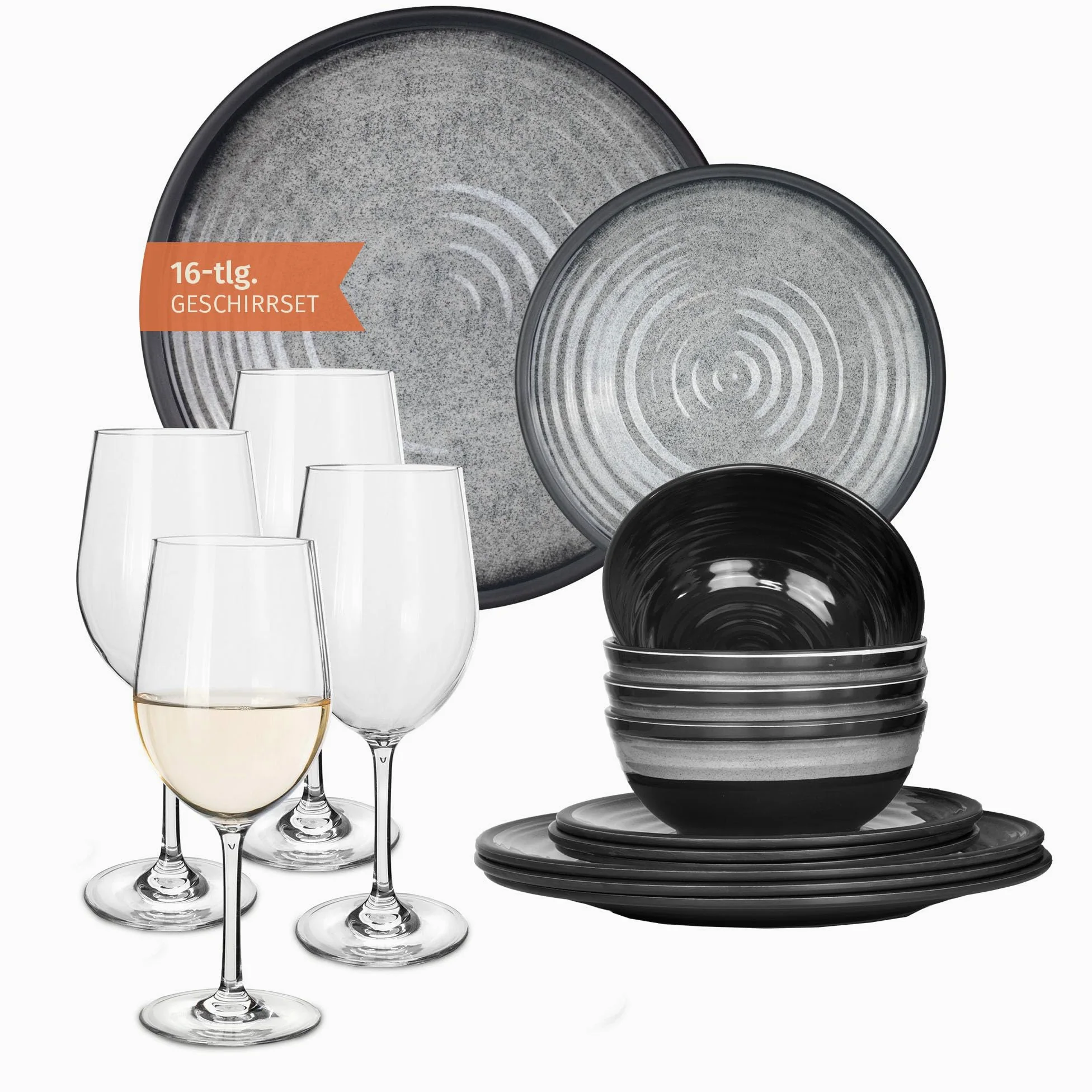 Vajilla de melamina para camping, 4 personas, color gris piedra + 4 vasos de vino blanco Tiamo vajilla de mesa de picnic barbacoa