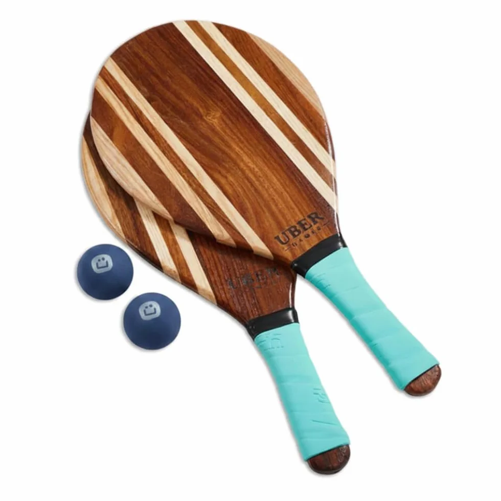 Ubergames Frescobol Set de madera – Baquetas de tenis de playa con 2 bolas y bolsa de lona – Juego de playa para adultos y niños