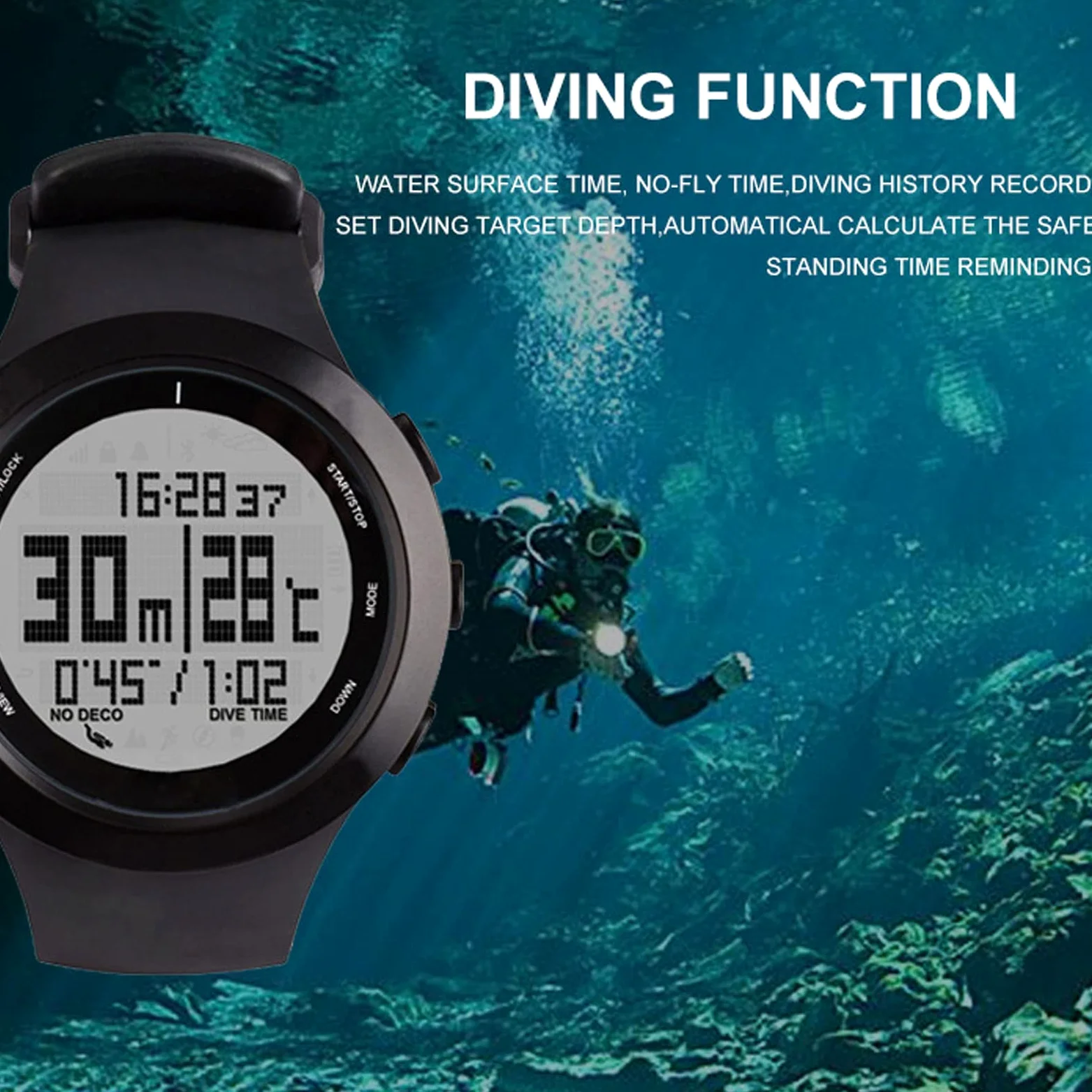 Reloj de Buceo Digital 10ATM Resistente Al Agua Temporizador de Buceo para Entusiastas del Deportes de Natación Caucho de Acero Inoxidable (Negra)