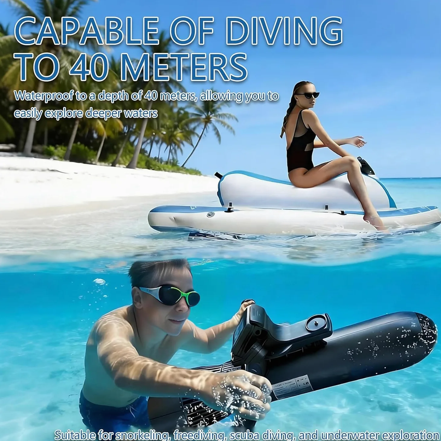 Scooter Submarino y Kayak 2 en 1 – Desmontable para Snorkel y Buceo | Potente motor 500W y batería 10000mAh – velocidad 3-7 km/h y autonomía hasta 130 min,Profundidad máxima 40m