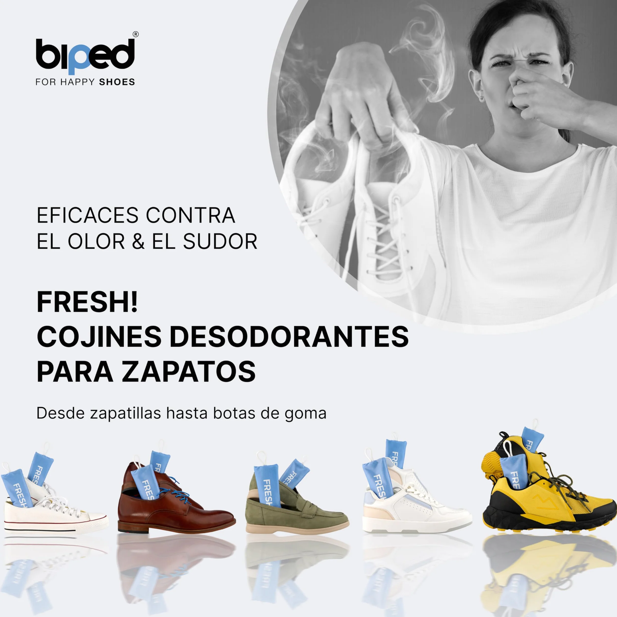 Biped FRESH! Desodorante Premium para Calzado – Cojín Aromático con Carbón de Bambú Activo – Elimina Olores y Sudor – 6 Piezas