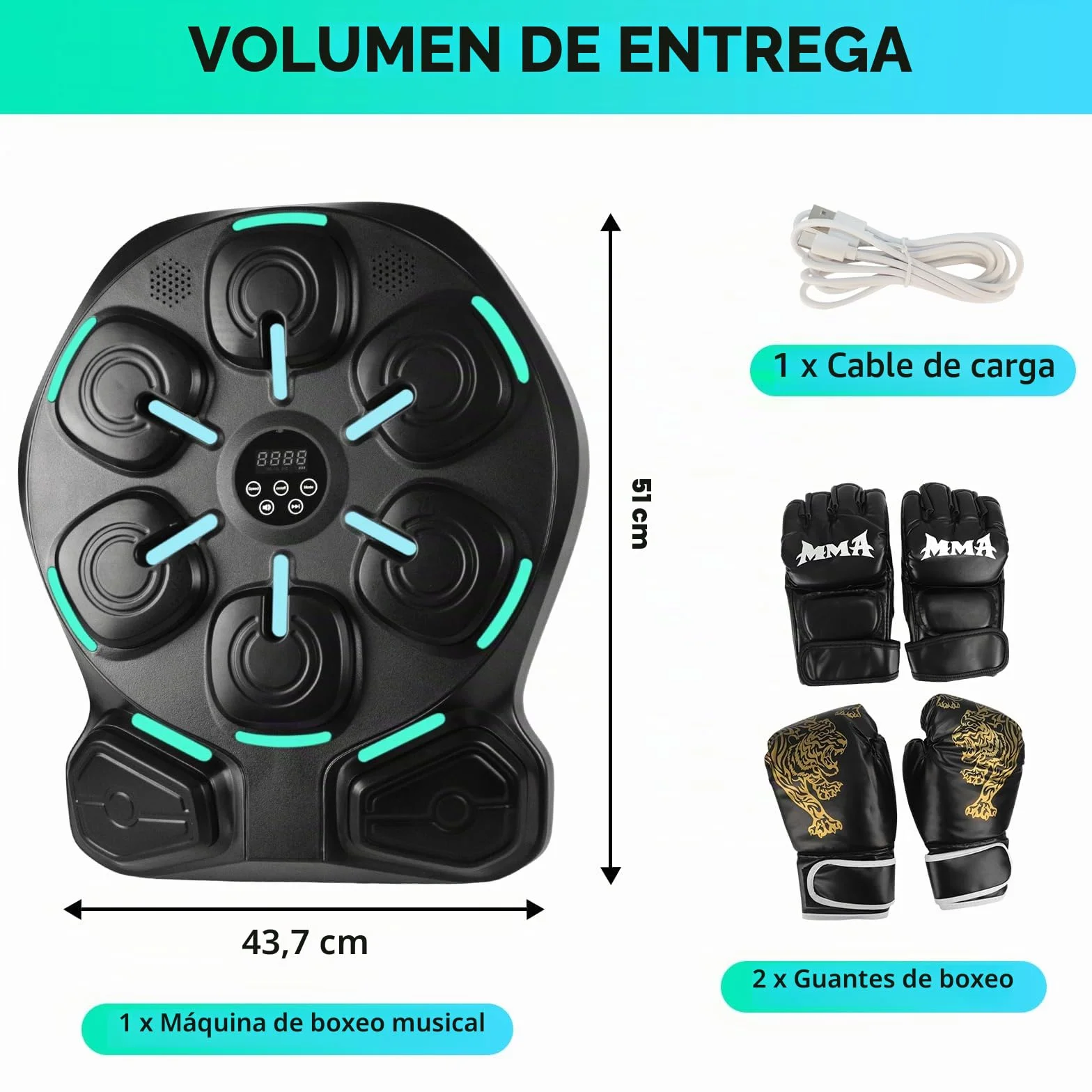 Máquina de Boxeo Musical con Bluetooth, 8 Puntos de Golpeo, 9 Modos de Entrenamiento, 2 Guantes