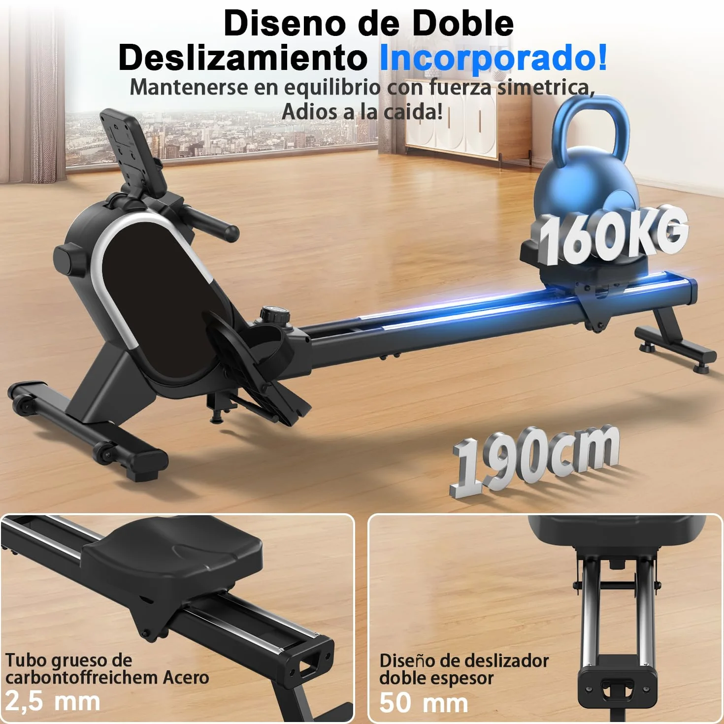 CHAOKE Maquina de Remo para Casa, Pistas Dobles Ultra Silenciosas y Estables,16 Niveles de Resistencia Magnético con App, Bluetooth y Pantalla LCD, Soporta hasta 160 KG, Fitness en Interiores