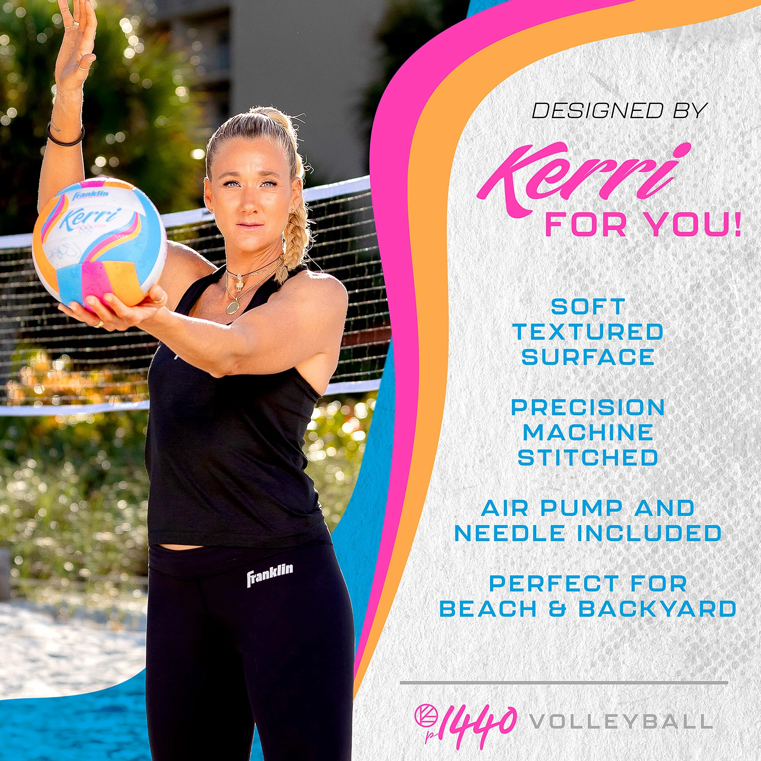 Franklin Sports Kerri Walsh Beach+Voleibol al Aire Libre – Tamaño Oficial + Peso – Voleibol de Cubierta Suave para niños + Adultos – con Bomba + Aguja incluida