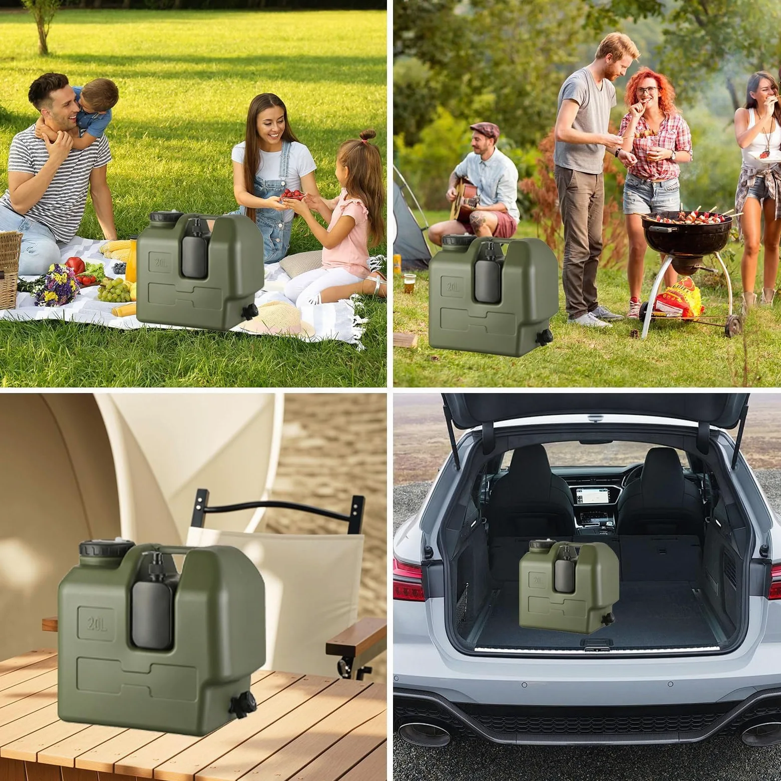 Contenedor de agua, jarra portátil de polietileno de alta densidad de 20 L, 34,5 x 23,5 x 35 cm, botella de jabón de manos incluida, ideal para senderismo, pesca, picnic, viajes, supervivencia o