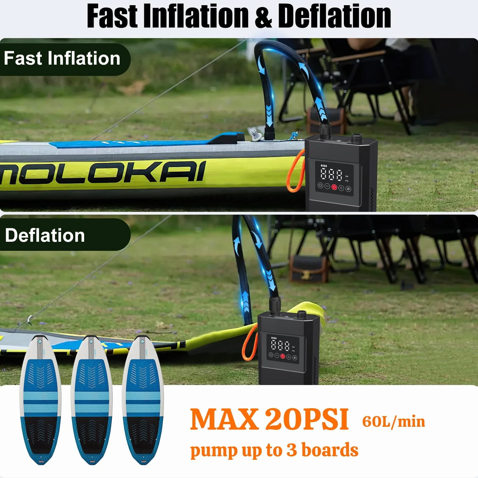 SUP Bomba eléctrica inflable, 12000 mAh, recargable, portátil, inflado/desinflado con 6 boquillas y cable de carga para encendedor de cigarrillos, kayaks, colchones