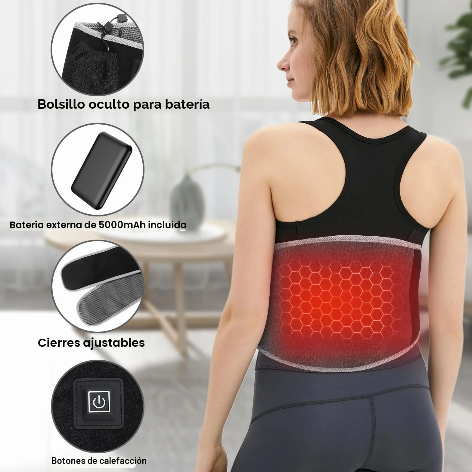 Manta Electrica Lumbar, Almohadilla Eléctrica con Batería de 5000mAh & 3 Niveles de Temperatura, Esterilla Eérmica Electrica con Apagado Automático para Espalda, Cuello, Hombros y Vientre