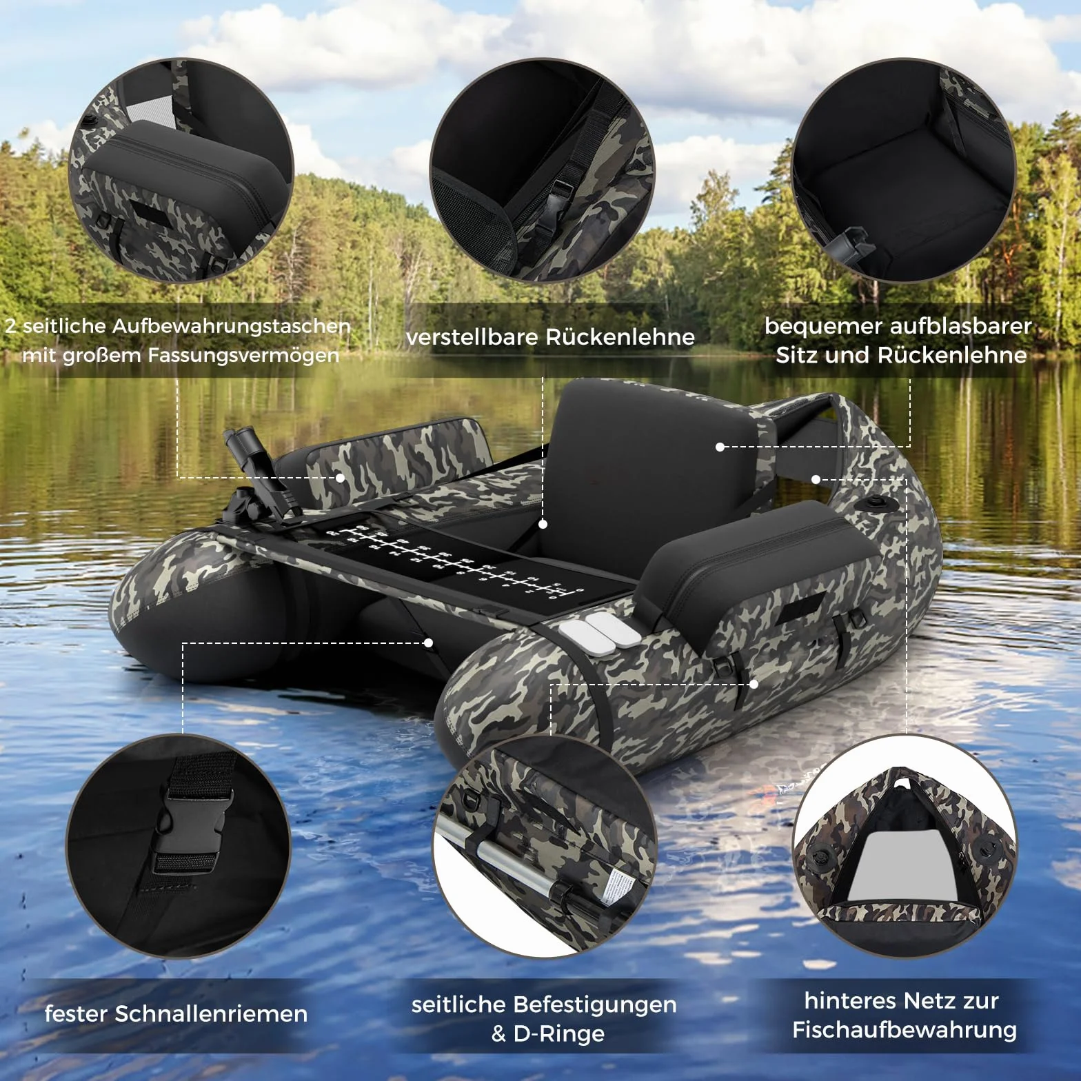 GOPLUS Bellyboot, Belly Boat soporta hasta 150 kg, bote inflable para pesca con remo de aluminio, bomba, aletas, regla de pescado, soporte para cañas y 2 correas de hombro, 135 x 109 x 54 cm
