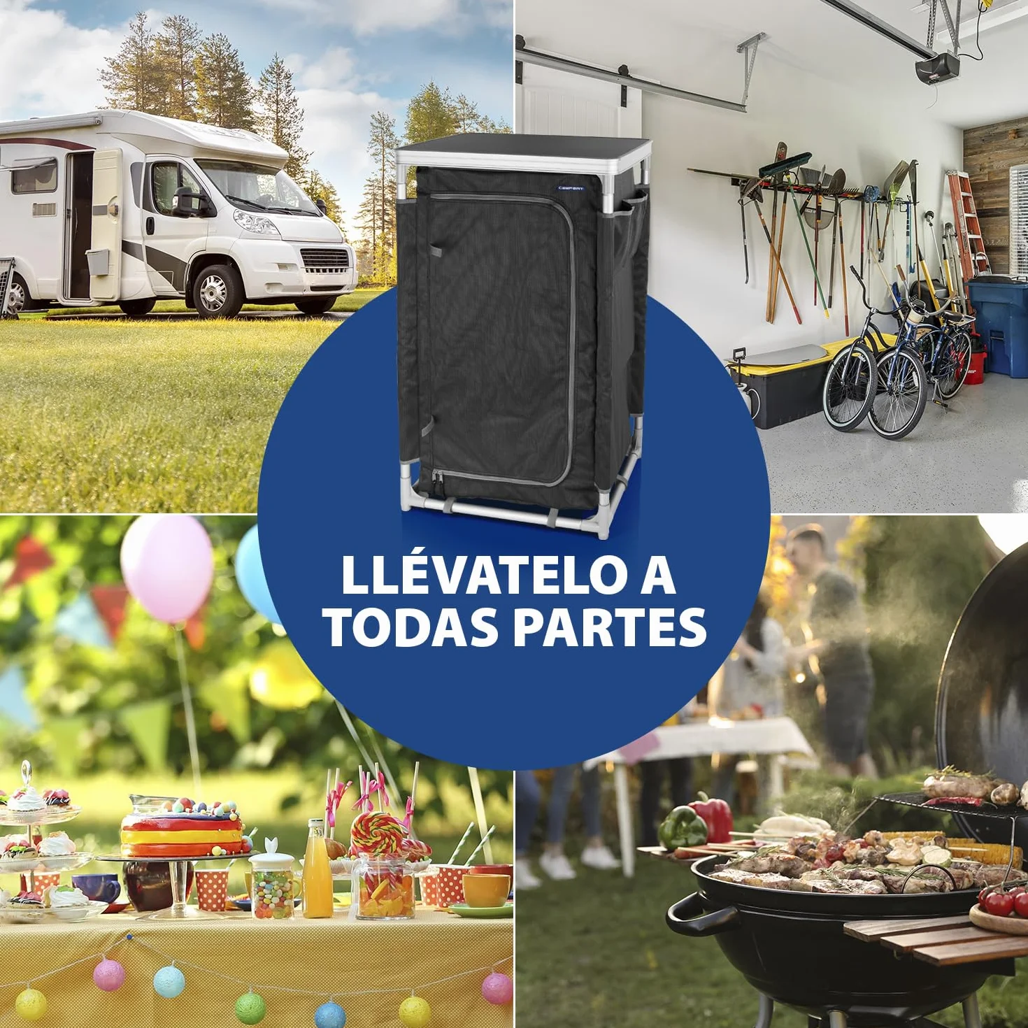 CAMPART Travel CU-0719 Armario de Camping Nice, Tres Compartimentos, Estructura de Aluminio, 97 cm de Altura, Unisex, Gris