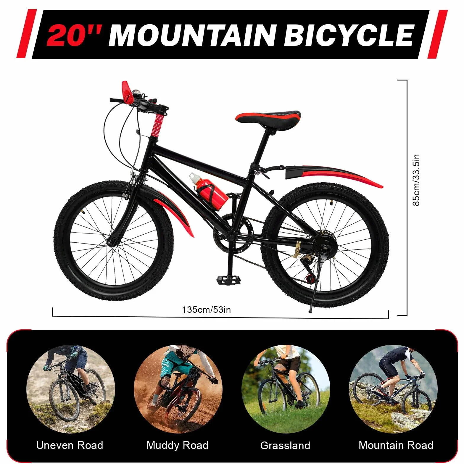 Bicicleta de montaña infantil 20 pulgadas 7 velocidades roja para niñas y niños