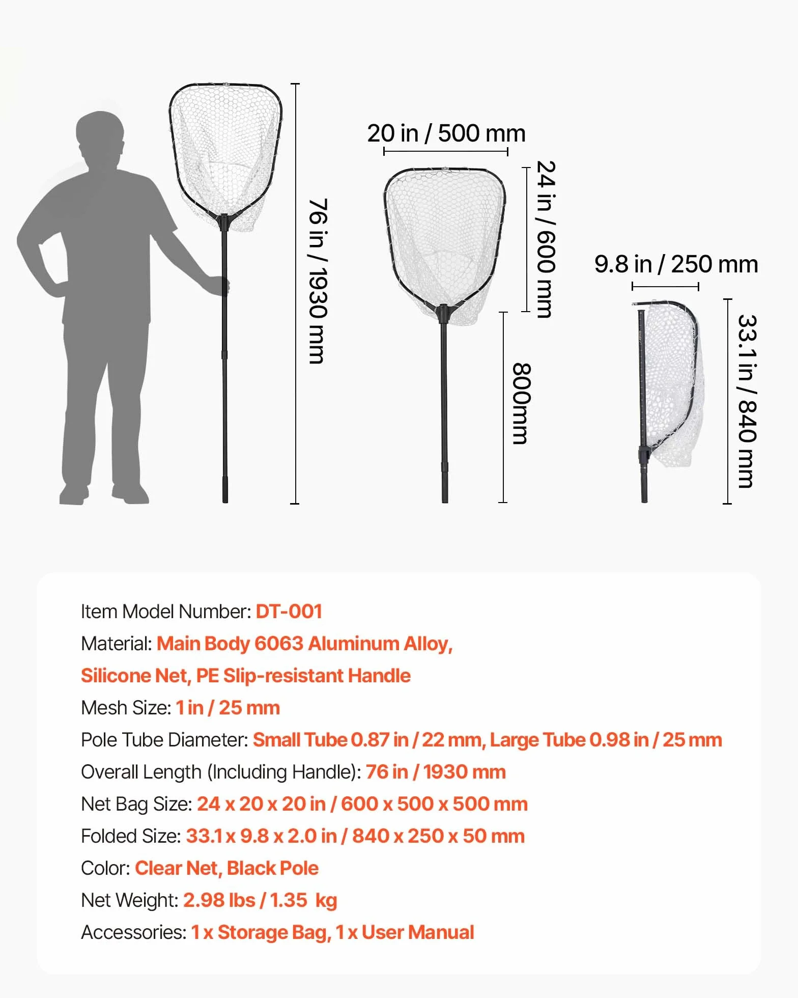 VEVOR Red de Pesca de Aluminio, Red de Aterrizaje de Peces con Malla de Silicona Suave y Mango Telescópico de PE, Ligera y Resistente, Sacadera Soporta hasta 13,6 kg, para Kayak, Barco, Orilla
