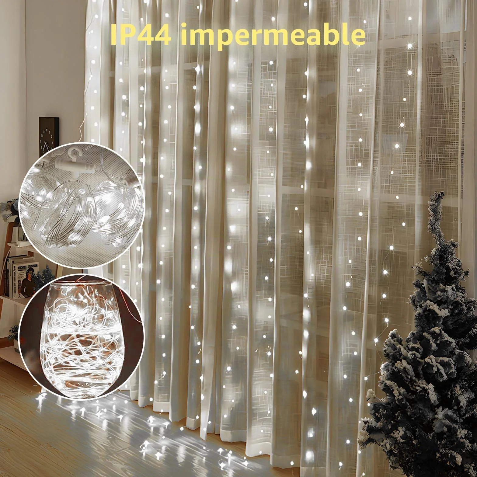 Cortina de Luces LED 360 LED 3.6 x 3M con Control Remoto 8 Modos USB para Exterior Navidad Jardín (Blanco frío)