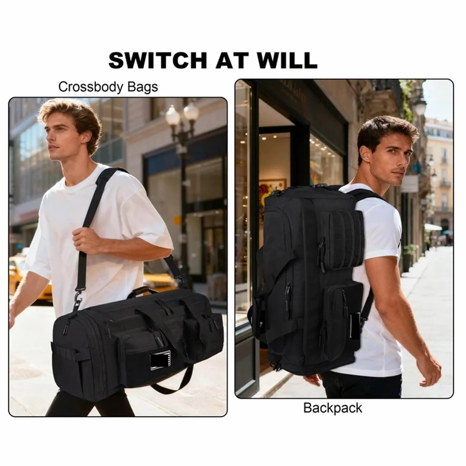Bolsa Deporte Bolsa de Lona Viaje 3 en 1 50L for Hombre, Bolsas Deportivas Grandes for Gimnasio, Mochila con Compartimento for Zapatos y Bolsillo húmedo(Black and White)
