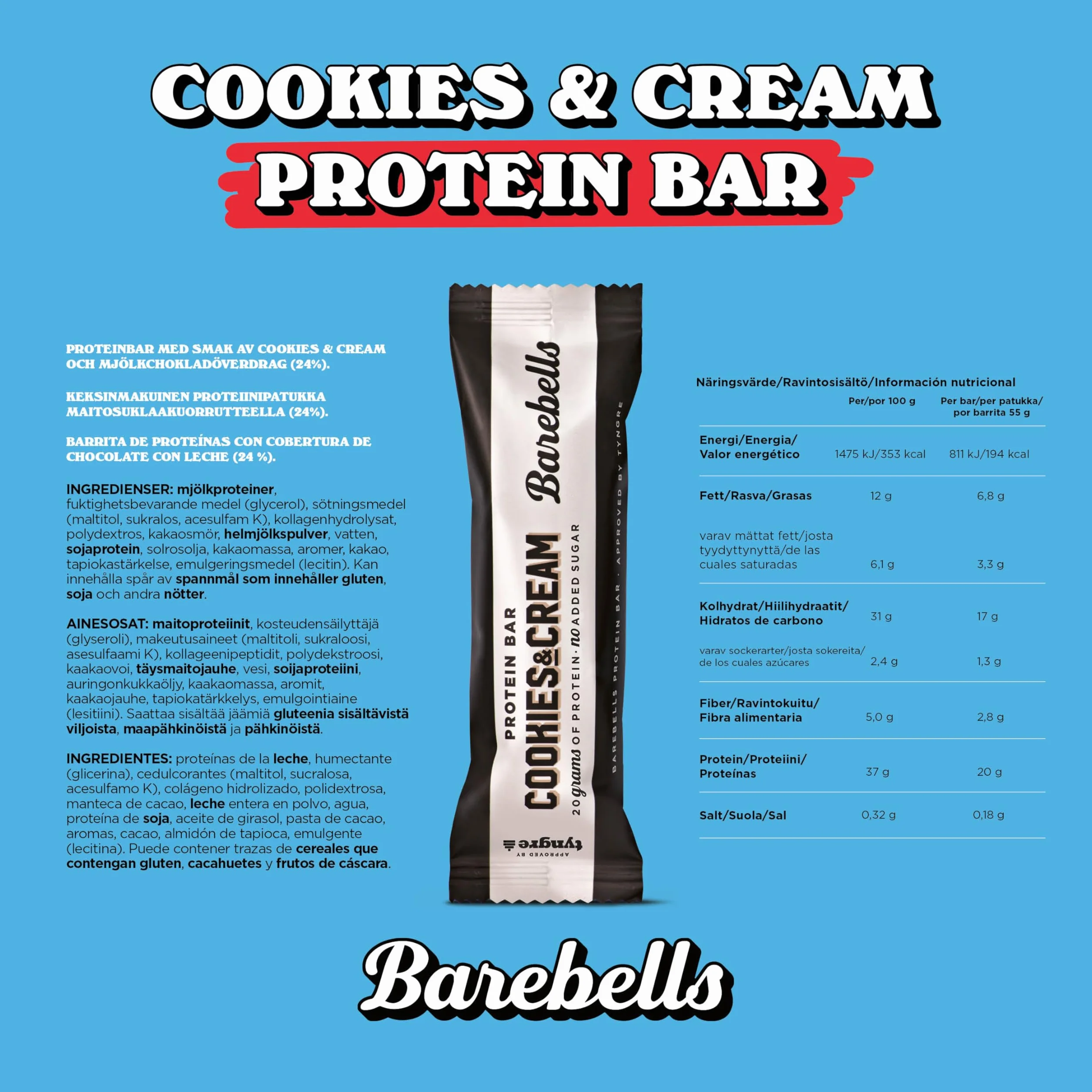 Barebells Cookies and Cream Protein Bars 20g Protein 12x55g Low Sugar
