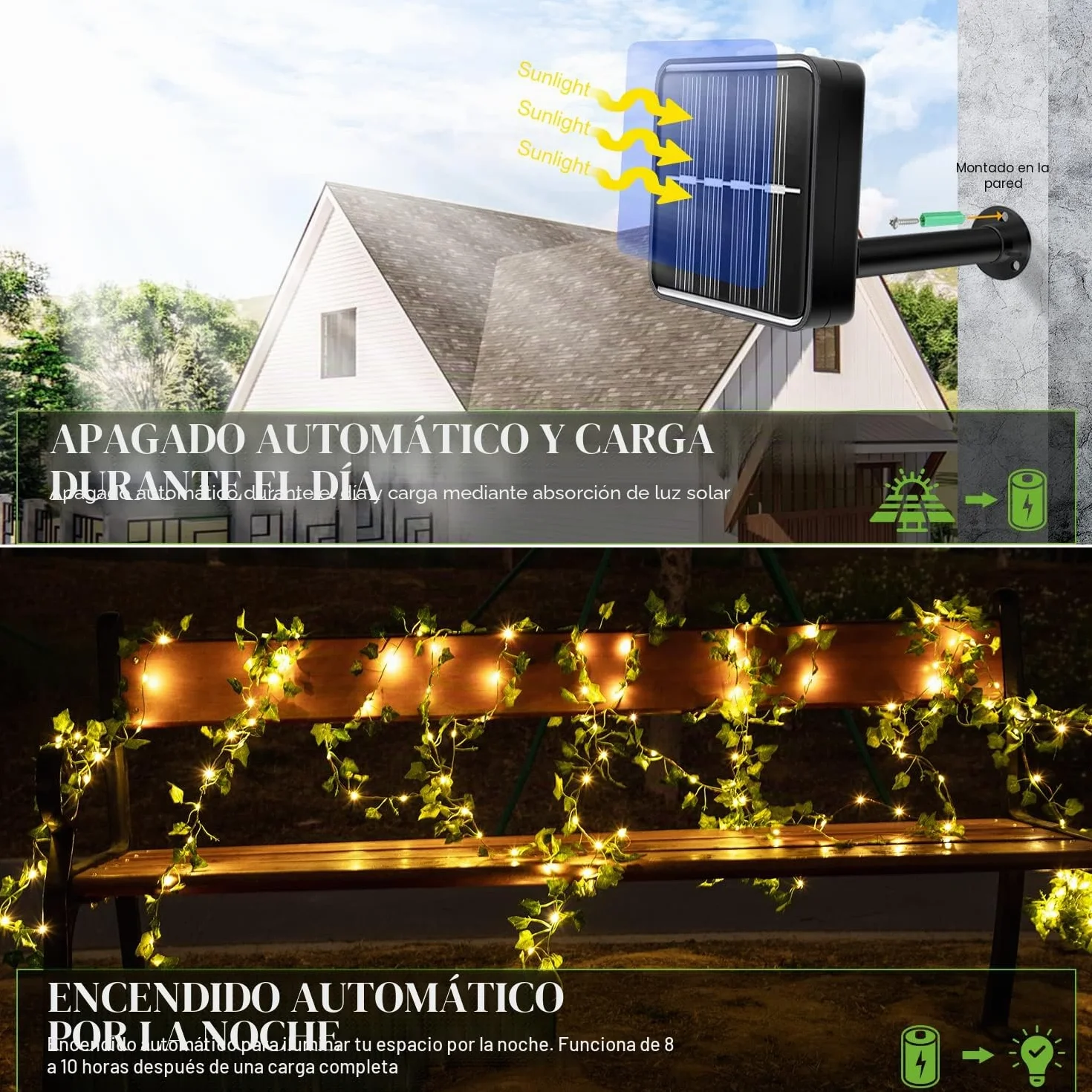 A.bigwhale 12M 120 LED Guirnalda Luces Exterior Solar, Hiedra Artificial con Luces Solares, 8 Modos Impermeable