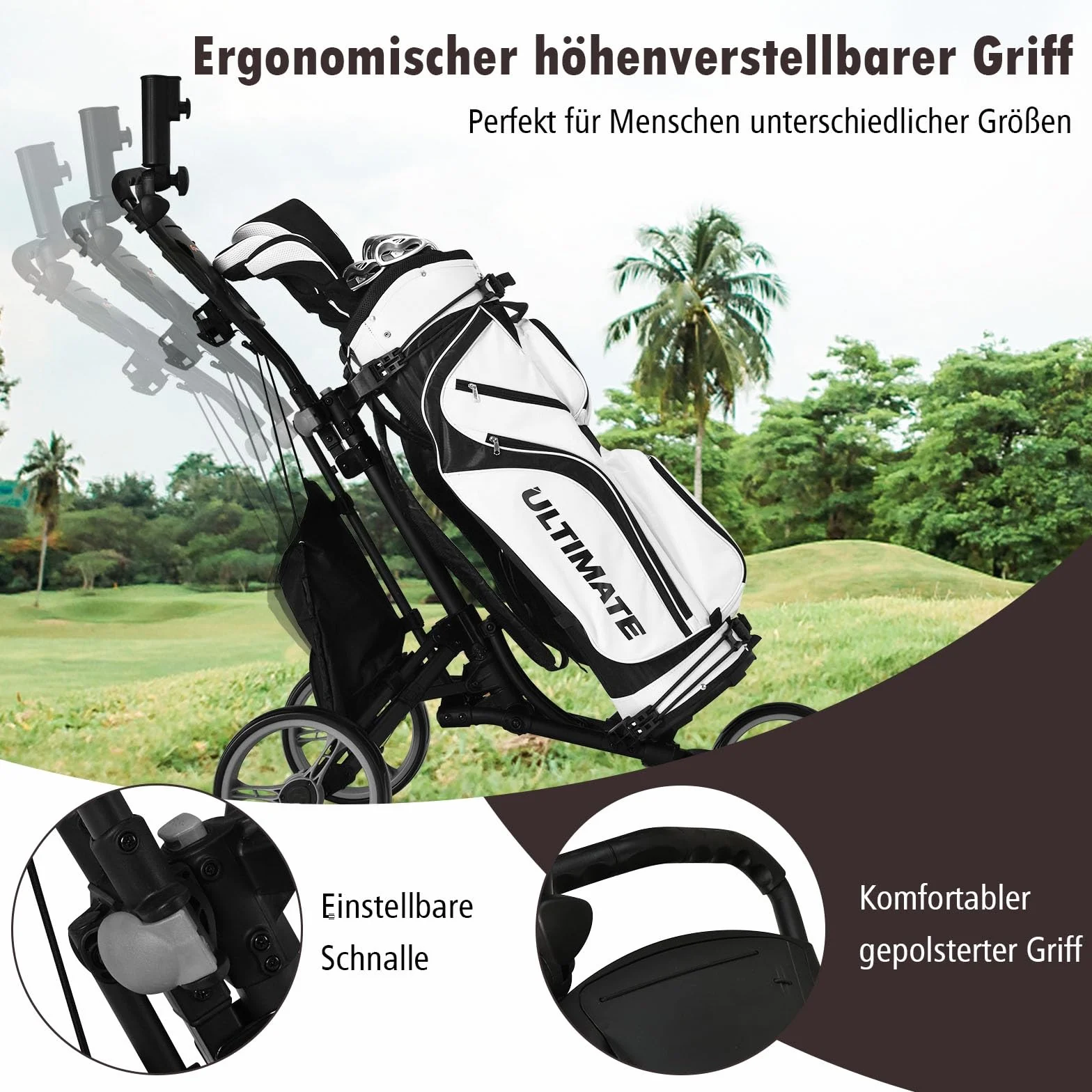 GYMAX Carro de Golf Plegable 3 Ruedas con Asa Ajustable, Soporte Paraguas y Portavasos
