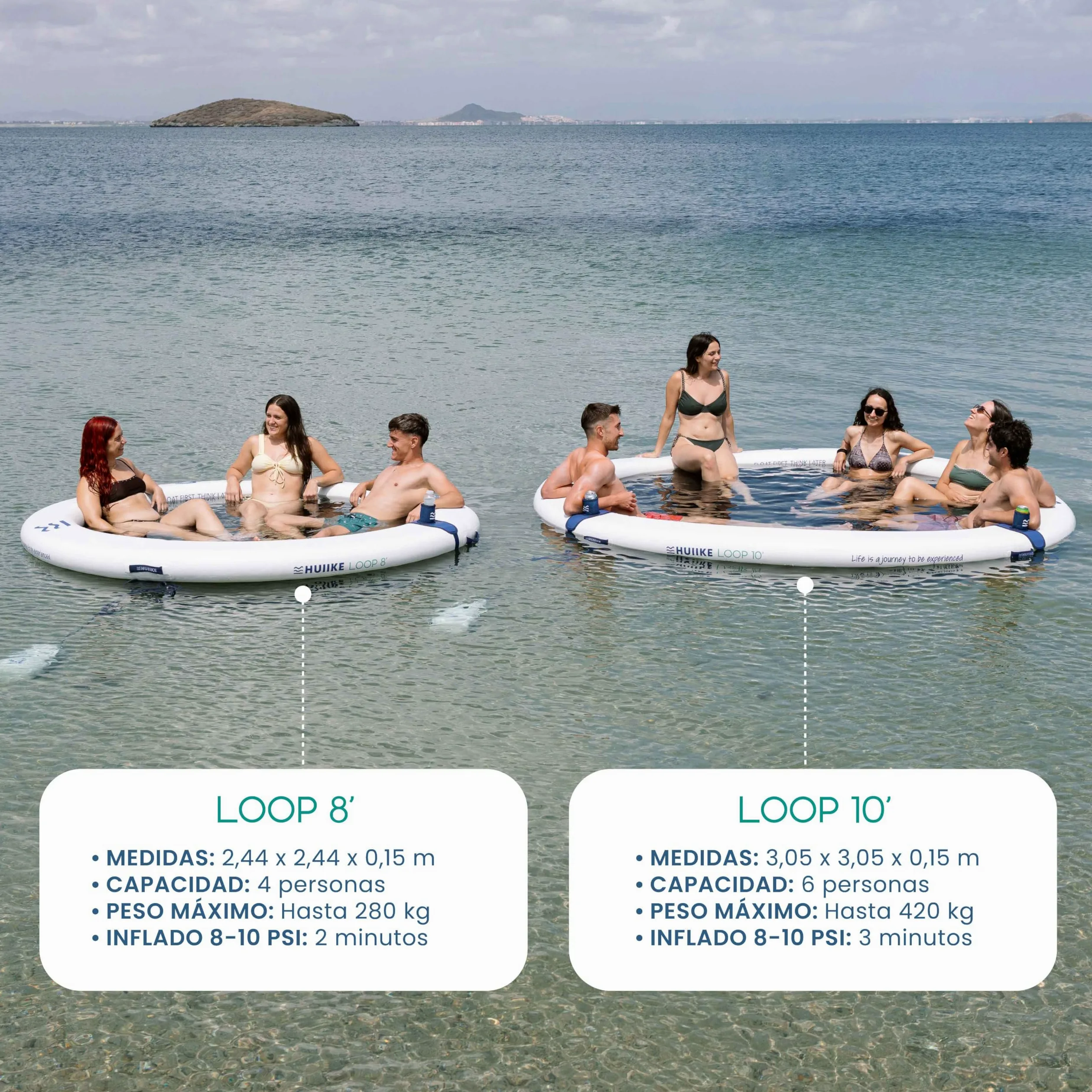 HUIIKE Anillo Hinchable 4 o 6 Personas, 280 o 500 kg, con Accesorios | Loop de 2,44 m o 3,05 m para Adultos y Niños. Plataforma Flotante con Inflador, Ancla de Arena, 2 Soportes Bebida y Mochila
