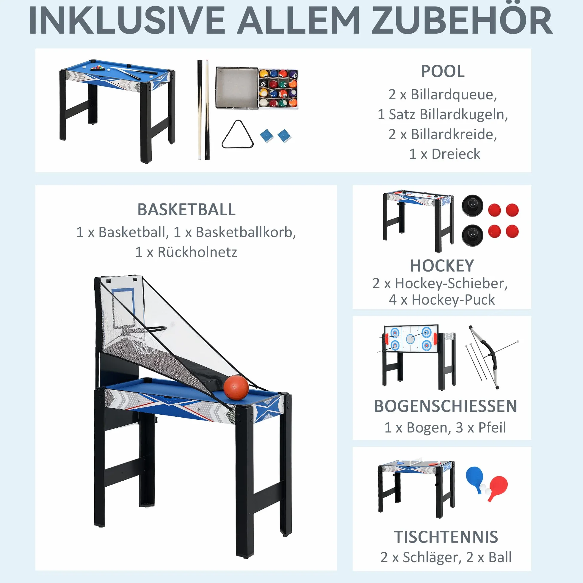 SPORTNOW Mesa de juego 5 en 1 91 x 45,5 x 76 cm con ping pong billar hockey baloncesto tiro con arco