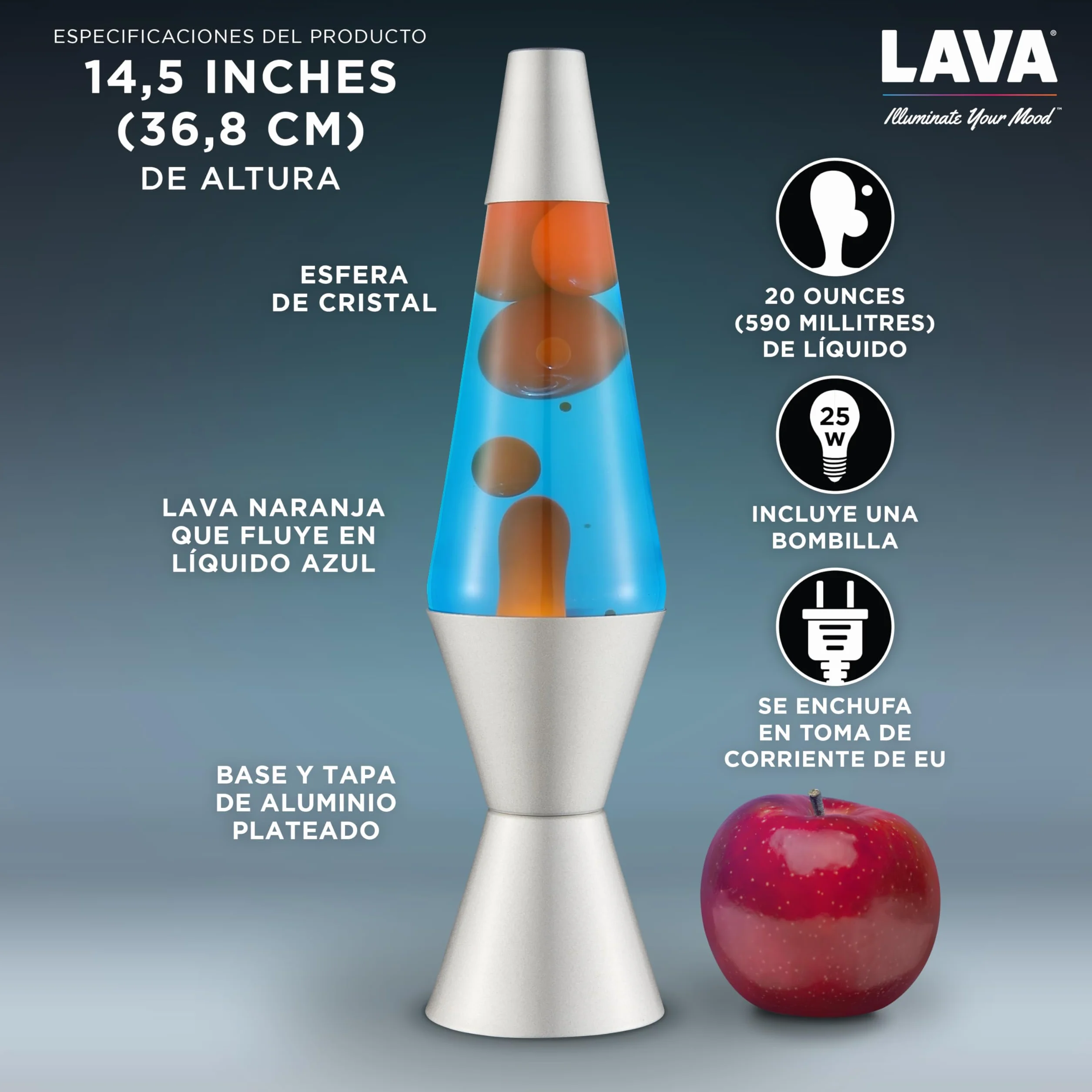 LAVA® Lámpara Lava 2117, original 14,5 pulgadas, cera naranja, líquido azul, plateado