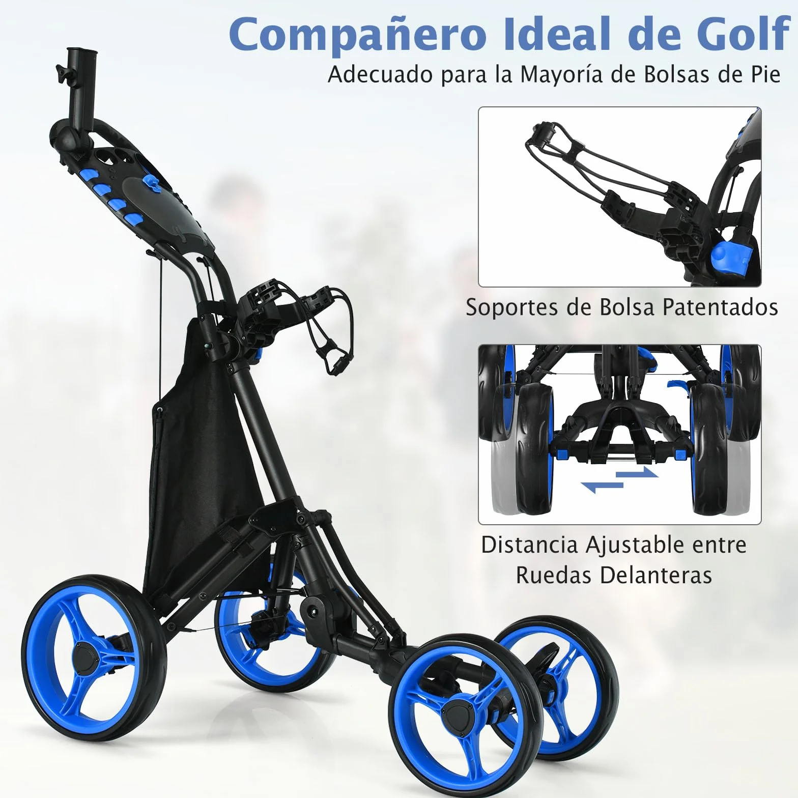 COSTWAY Carrito Golf Plegable 4 Ruedas con Bolsa Impermeable y Freno de Pie