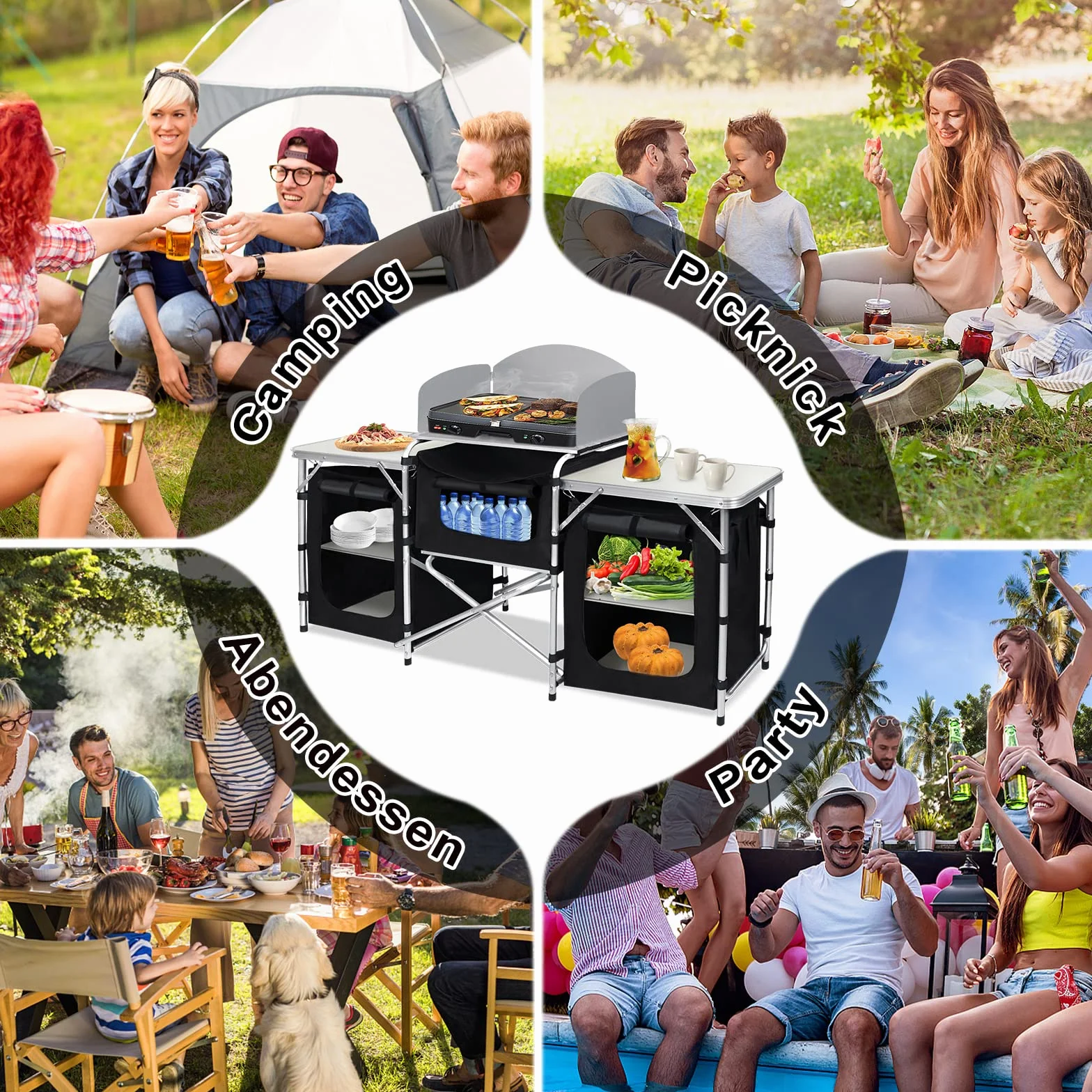 Mesa de camping plegable con estructura de aluminio, armario de camping para exteriores, incluye bolsa de transporte para senderismo, picnic, 174 x 52 x 110 cm