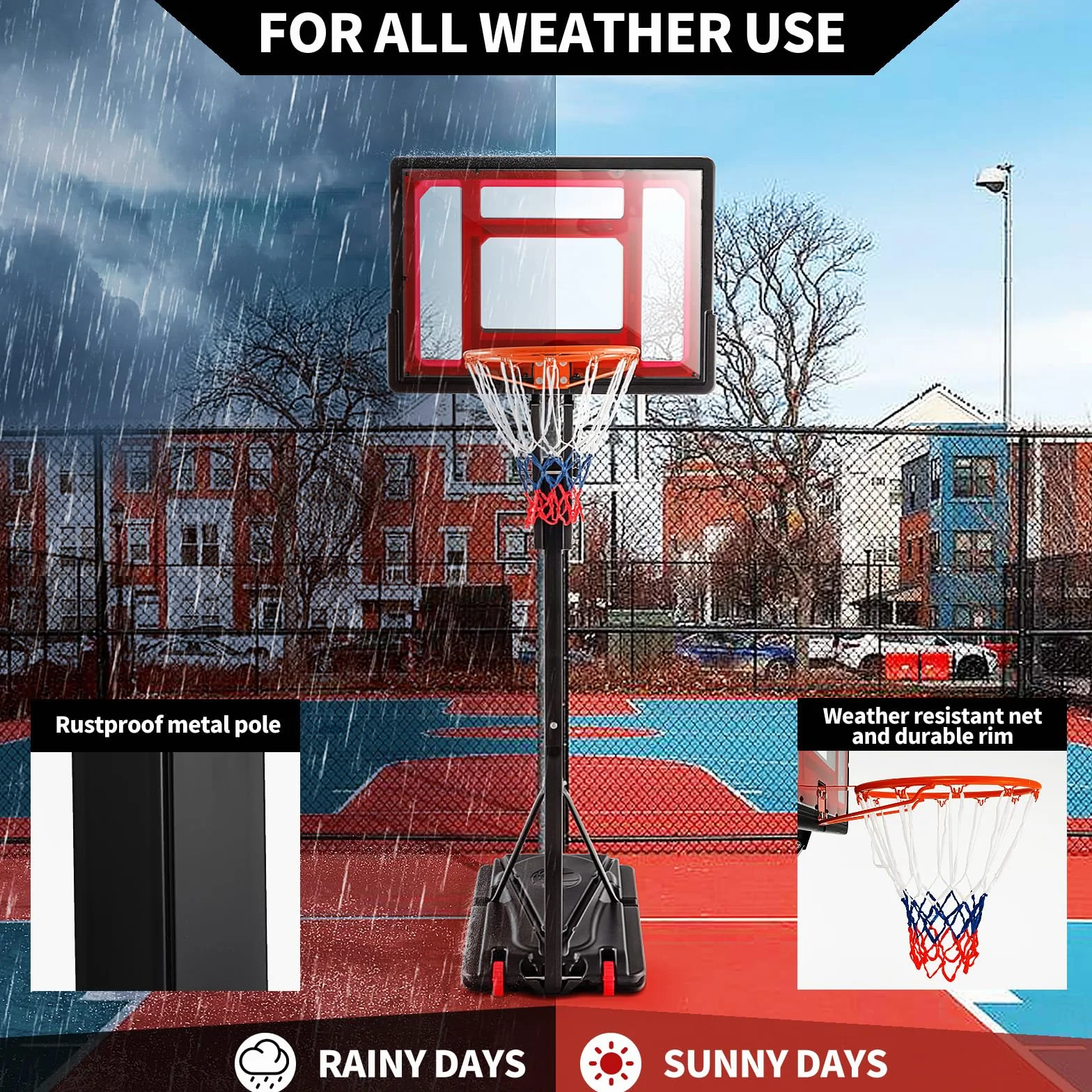 KOMFOTTEU Canasta de Baloncesto Altura Ajustable 105-260 cm Portátil con Ruedas Base Rellenable