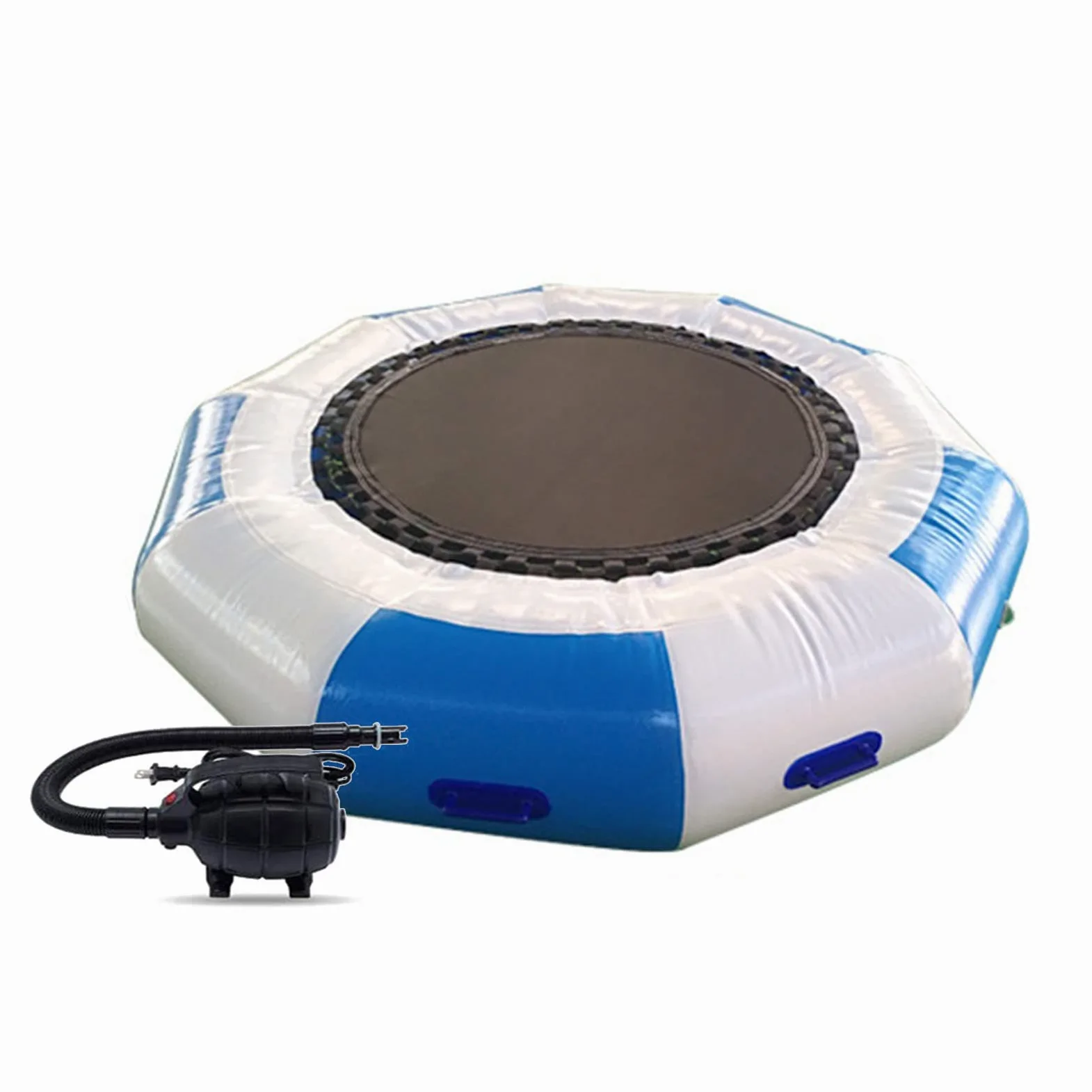 Trampolín inflable de agua con inflador eléctrico, rebotador de salpicaduras de buceo, escalera de cuerda, cuerdas de amarre y ancla para piscinas y lagos