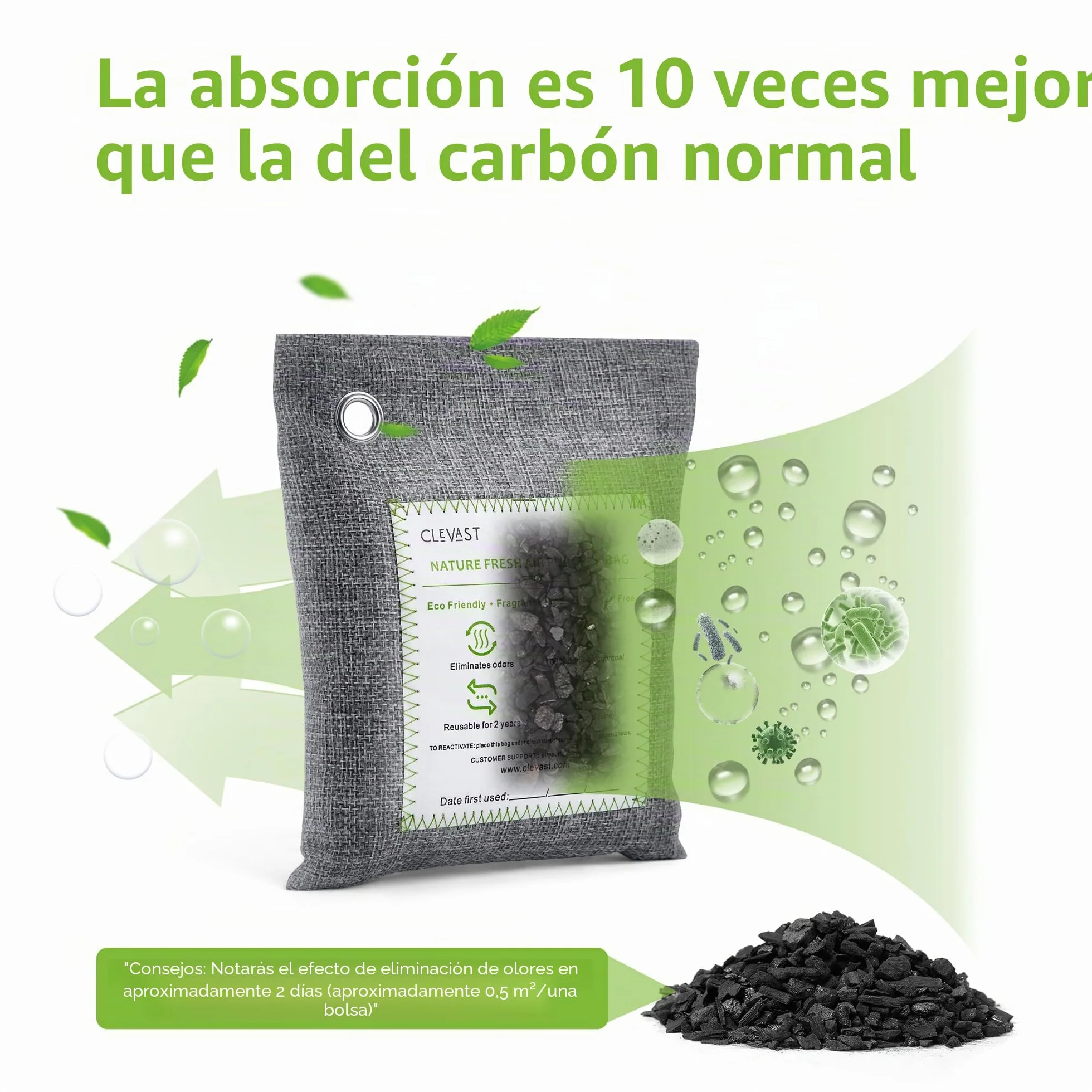CLEVAST Bolsas Purificadoras de Aire de Carbón de Bambú 50g*12+200g*2 Eliminador de Humedad