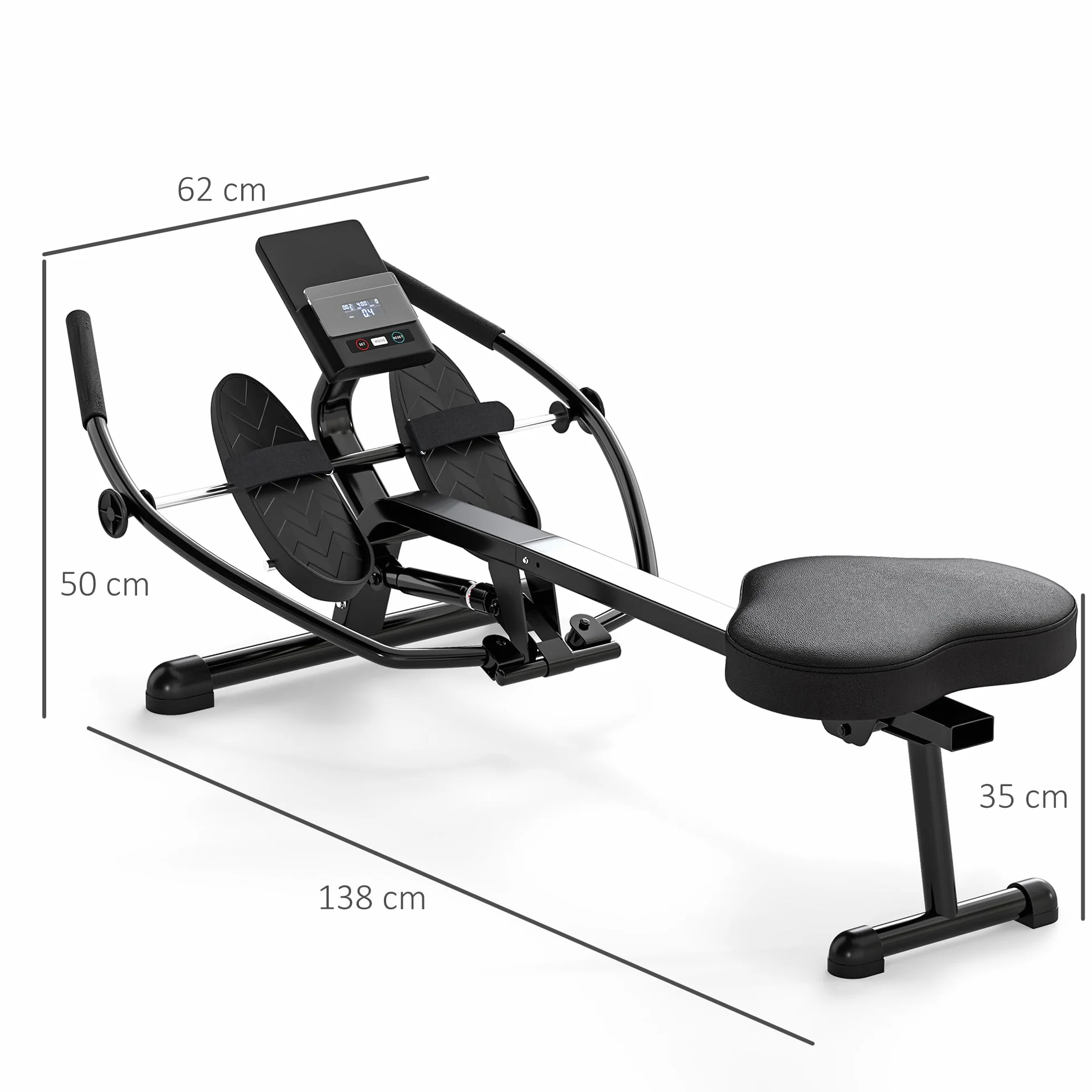 SPORTNOW Máquina de Remo para Casa, 12 Niveles de Resistencia Hidráulica, Máquina de Remo con Pantalla LCD, para Entrenaminto de Fitness, en Hogar Gimnasio, Carga 130 kg, Negro