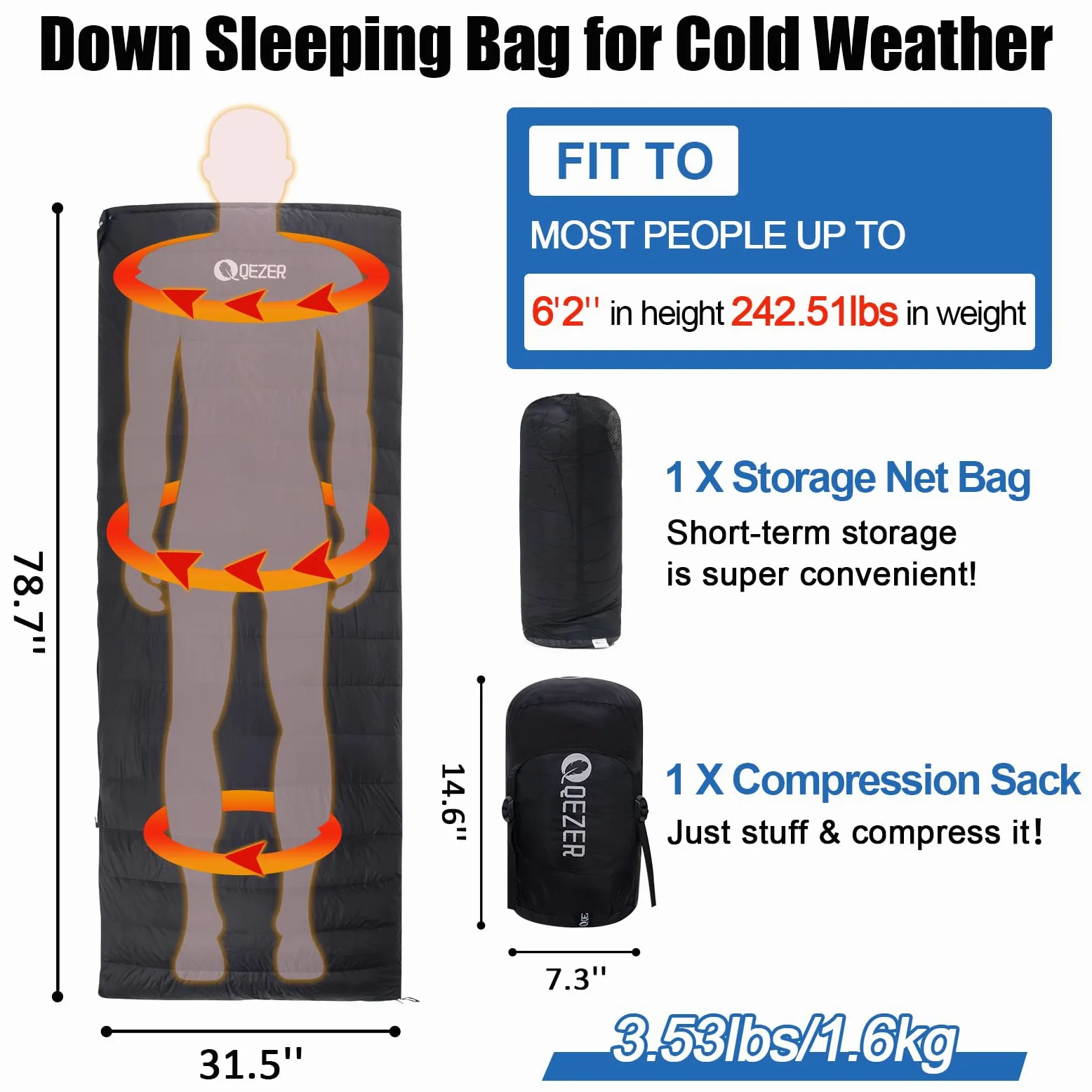 Saco de Dormir Plumón Invierno 1000g - 3 en 1, Diseño de Cámaras Térmicas sin Capucha, Compresión 40x21cm (Camping/Senderismo) - Conectable para Parejas