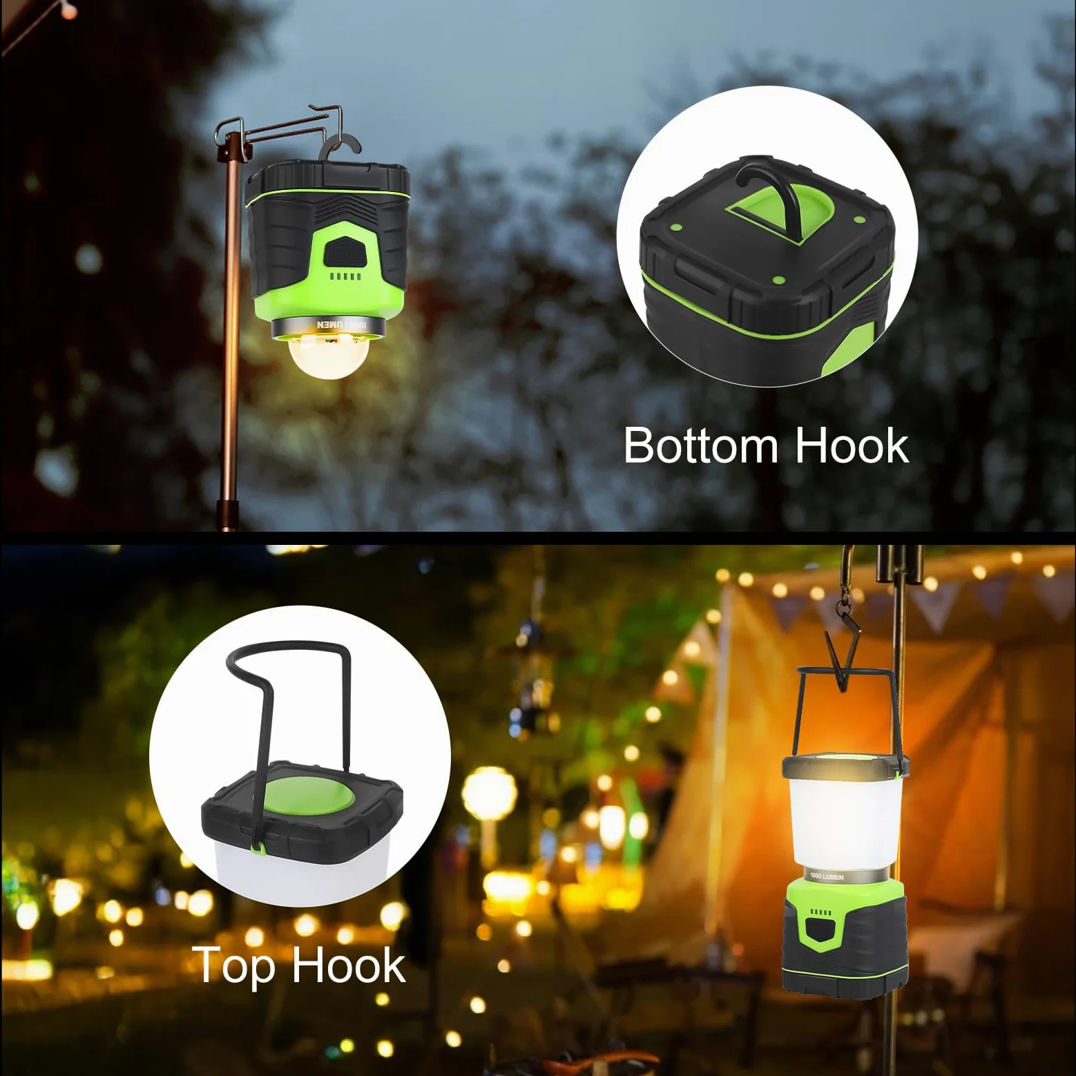 Linterna LED de camping, 1000 lúmenes, 4 modos de luz, funciona con pilas, IPX4 impermeable, linterna de emergencia regulable con indicador de batería para acampar al aire libre, senderismo