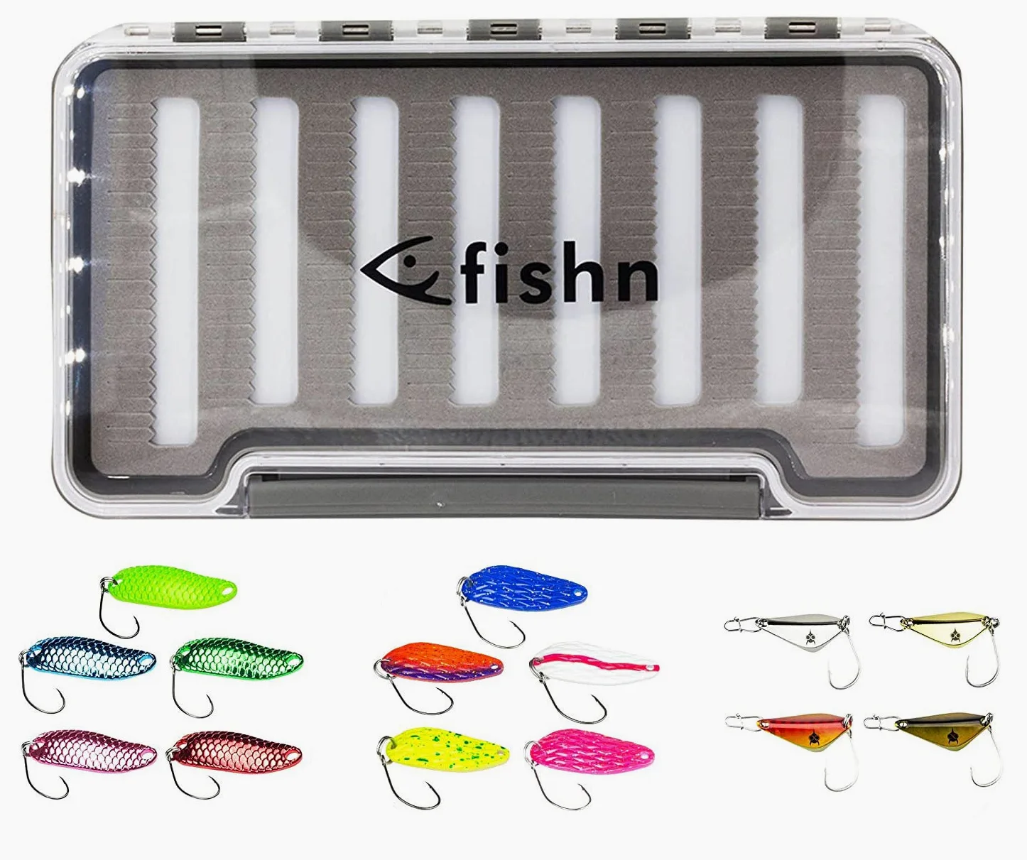 FISHINGGHOST 14 x Trout Spoons & 1 x Blinkerbox - Set, Compuesto de 14 Kunstköder y una Caja de Cebo, Trucha Cebo, Trucha Spoon, Trucha Blinker para Pesca Spinnfischen (15 Piezas)