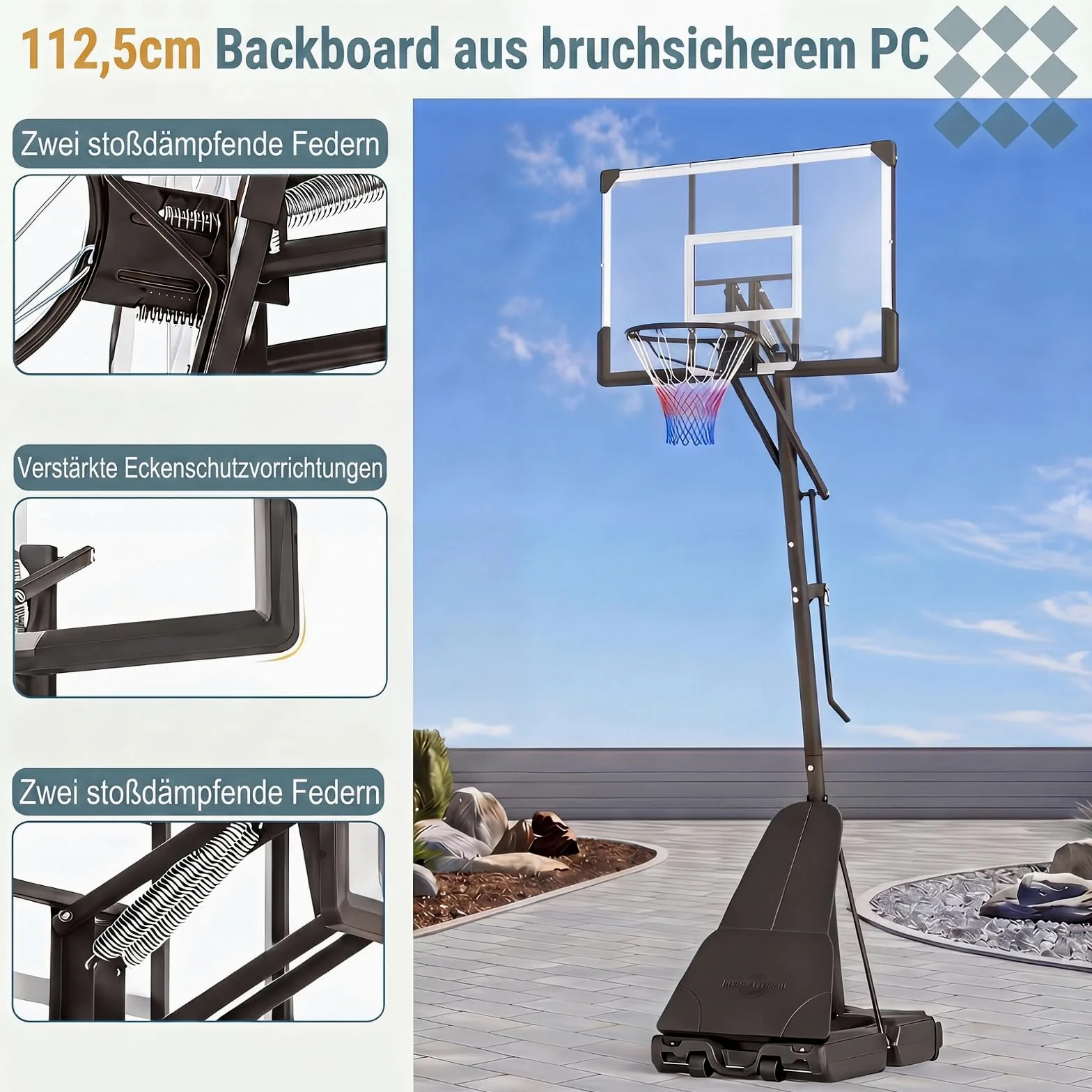GYMAX Canasta de Baloncesto Portátil, Sistema de Aro de Baloncesto para Adultos con Altura Ajustable 245-305 cm, Base Rellenable, Reboteador de Balón y Ruedas, Uso Interior Exterior