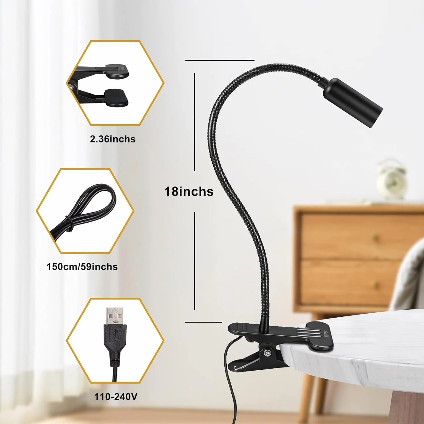 Hifree 5W LED Lámpara de Lectura Cama, 10 Niveles Pinza, USB, para Leer, Aprendizaje, Manualidades