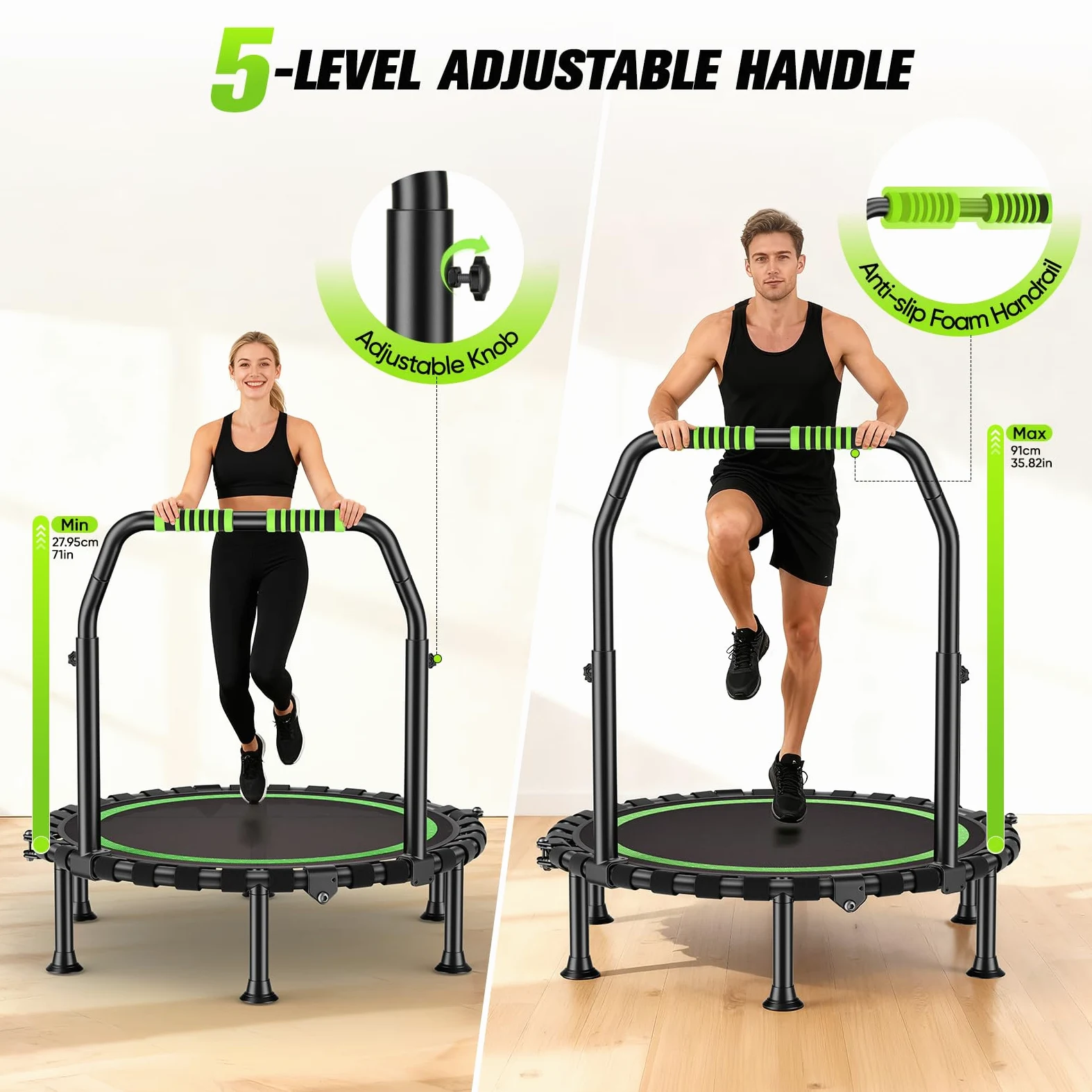 Trampolín de 101 cm de diámetro, plegable para fitness, capacidad de carga de 150 kg, altura de pasamanos ajustable, entrenamiento de resistencia, diferentes grupos de personas