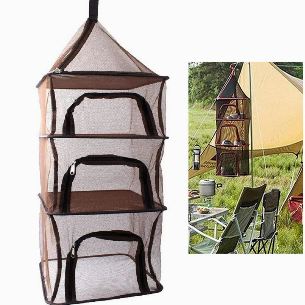 Red seca, para colgar, red seca, 4 compartimentos, almacenamiento de verduras y utensilios de cocina, cesta colgante para camping, viajes, pesca, barbacoa, etc., color marrón