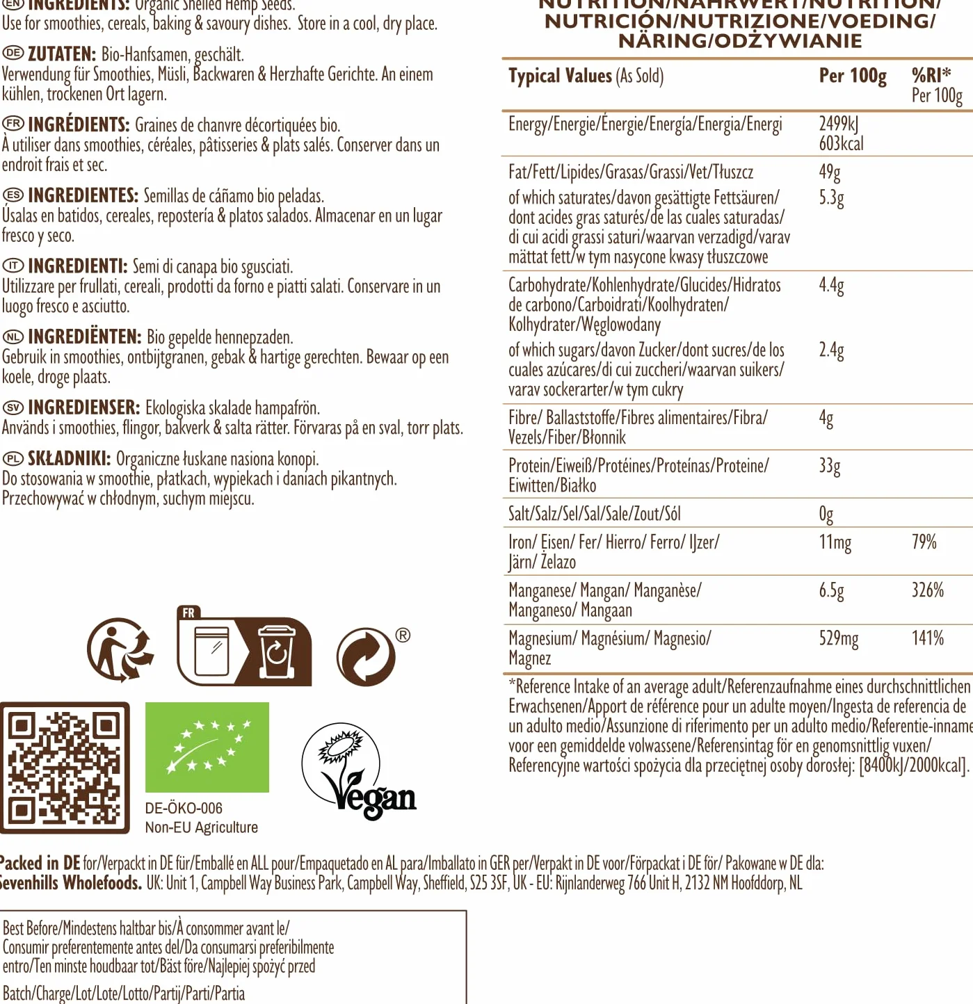 Sevenhills Wholefoods Semilla De Cáñamo Peladas Crudas Orgánico 1kg