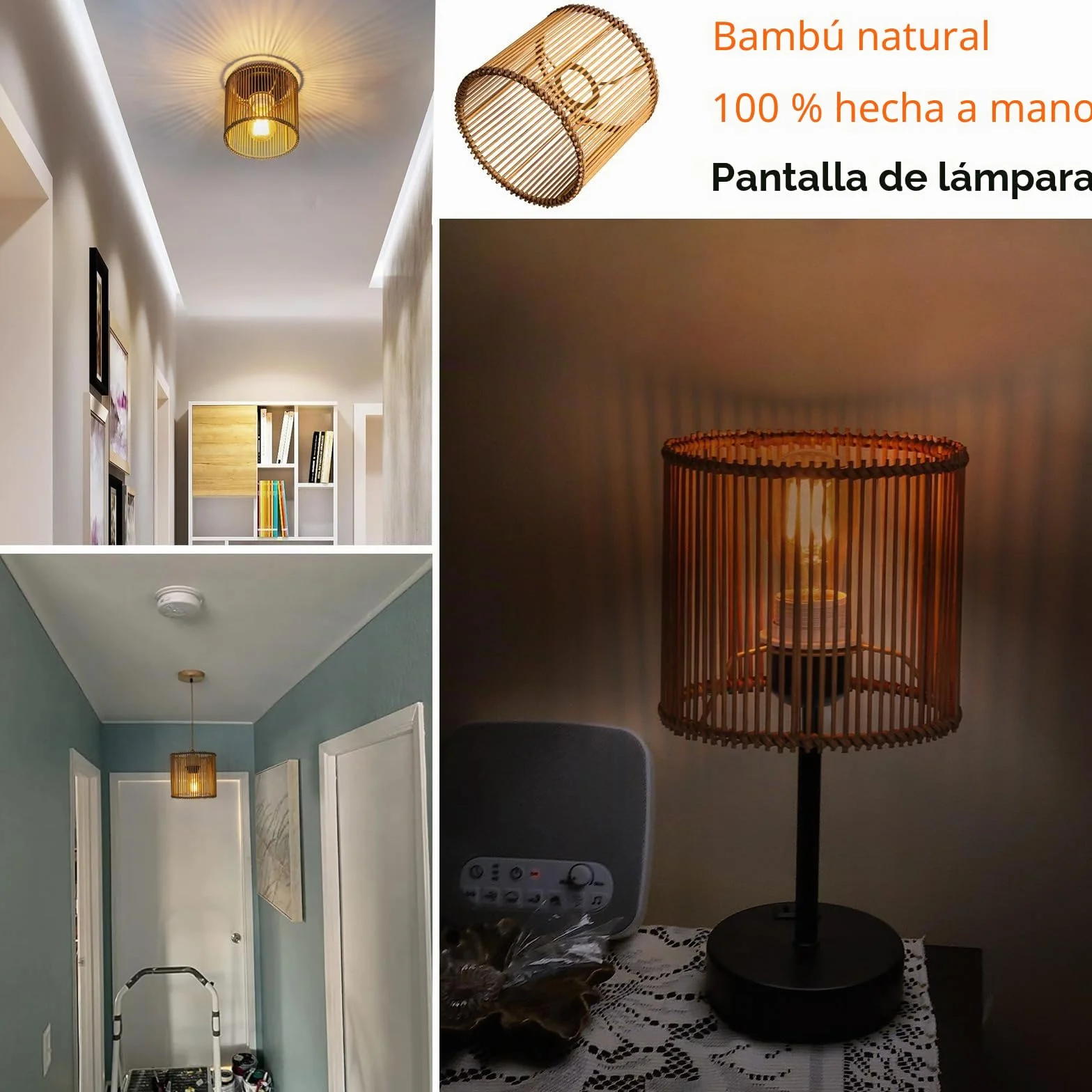 Pantalla redonda de ratán bohemia 16 cm, bambú marrón, para lámpara de mesa, colgante y de pie
