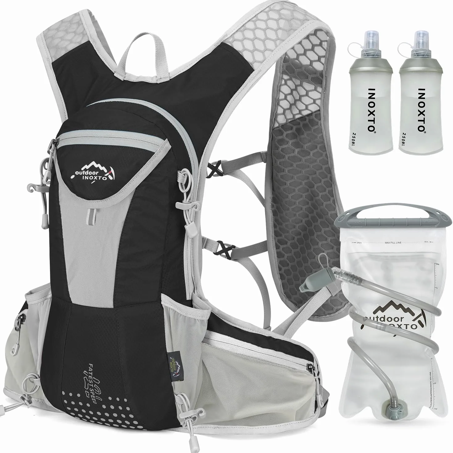 IX INOXTO Mochila de hidratación, mochila de agua ligera con bolsa de hidratación de 2 litros para hombres y mujeres, chaleco de hidratación para correr, senderismo, ciclismo, escalada (negro y gris)