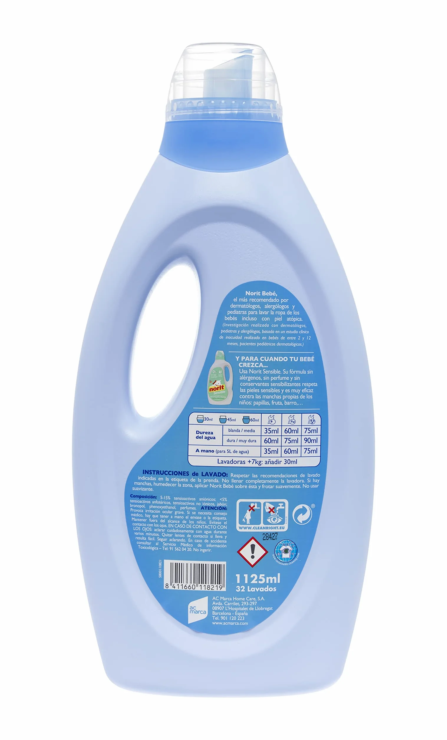 NORIT Bebé Detergente Líquido para Ropa de Bebé Pieles Sensibles Pack 4x1125 ml 4500 ml