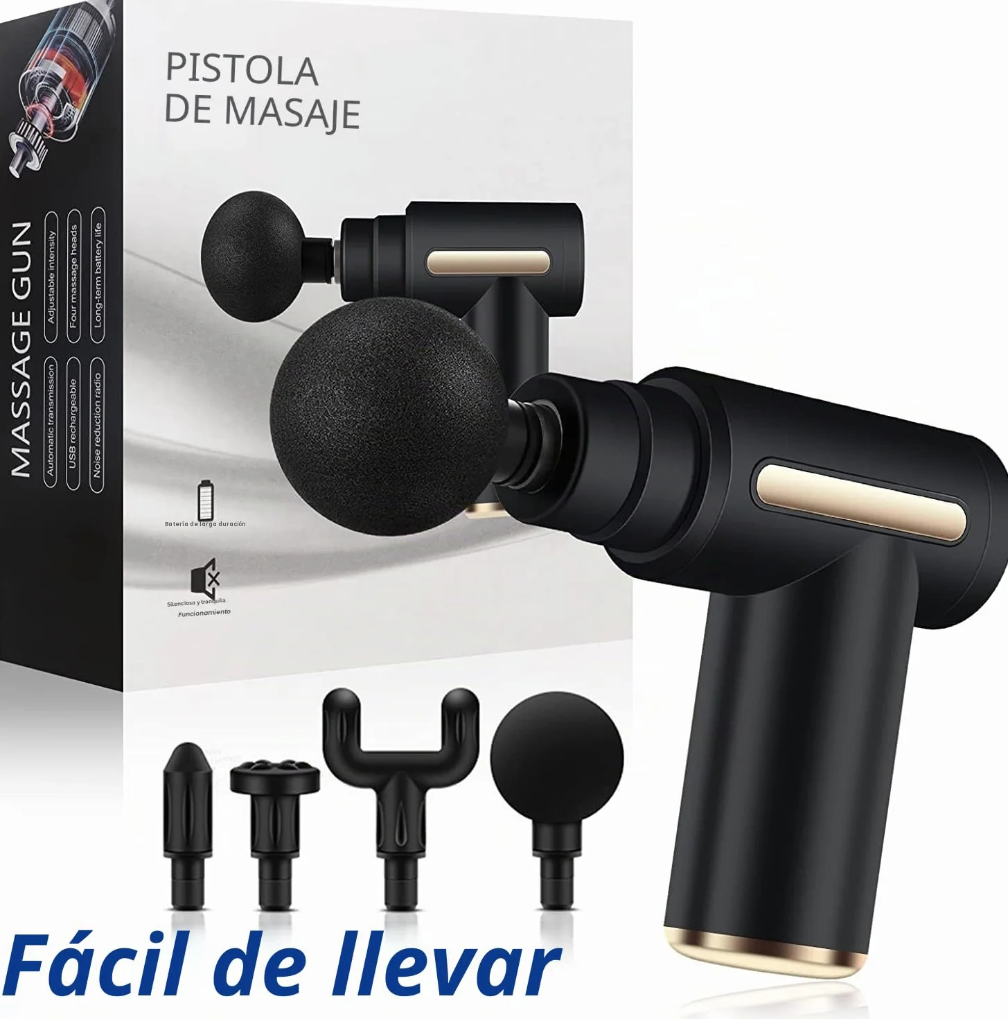 Uplayteck Mini Pistola de Masaje Muscular Portátil 35DB 6 Velocidades 4 Cabezales