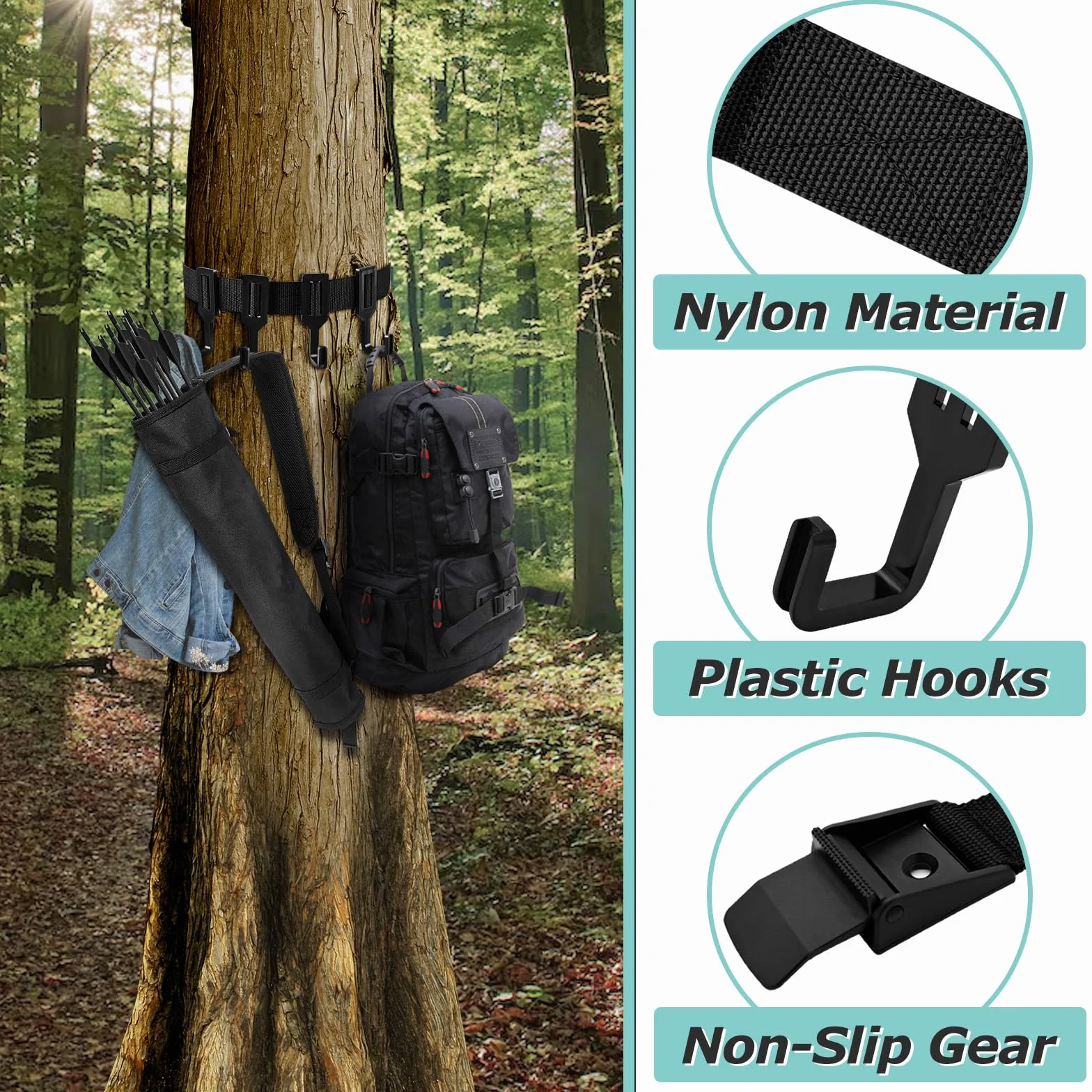 Treestand Strap Gear Hangers, desmontable árbol soporte arco durable arco caza Gear Strap con correa gruesa correa y 4 ganchos de plástico para escalada caza senderismo