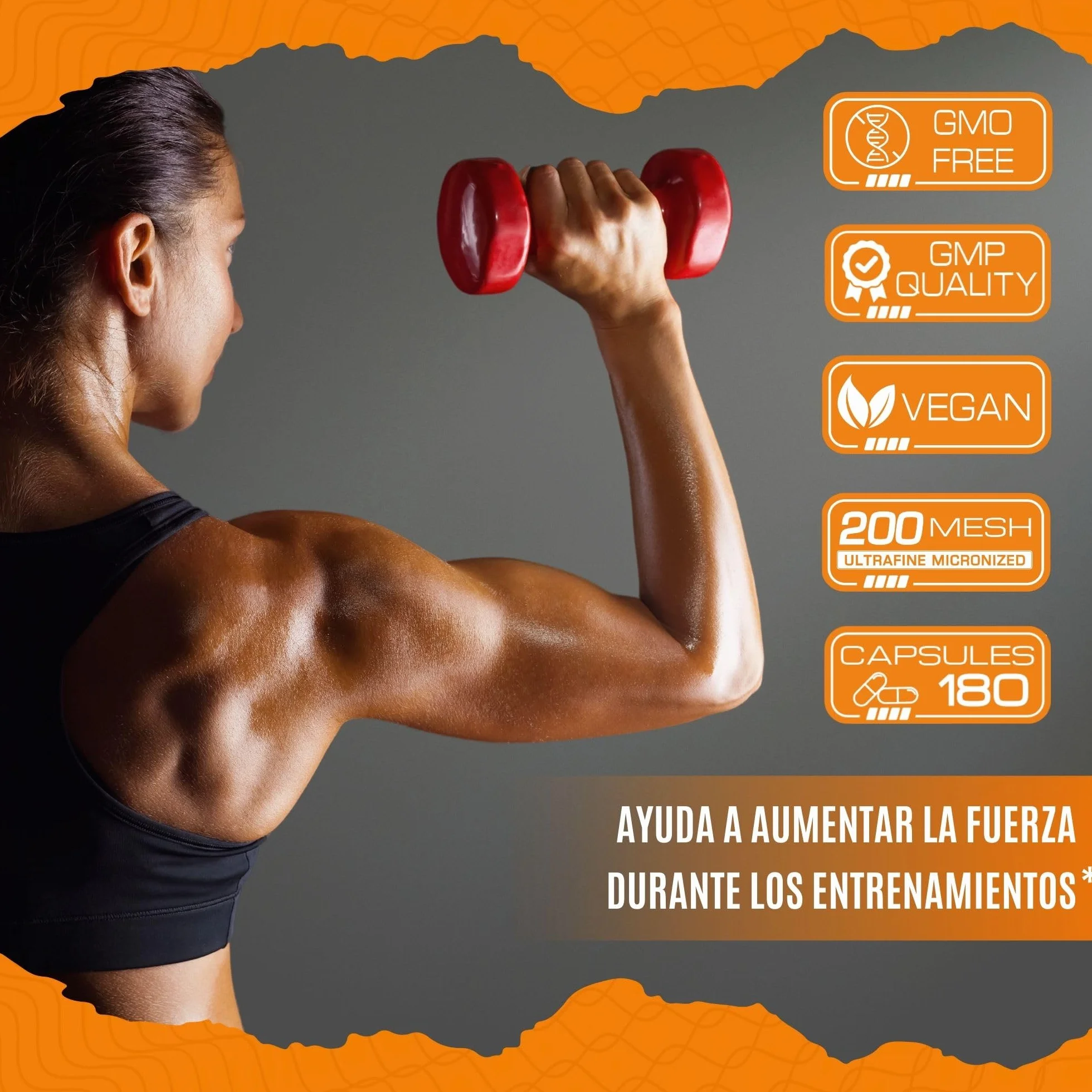 Creatina monohidratada 180 cápsulas Complemento alimenticio No-GMO Vegano