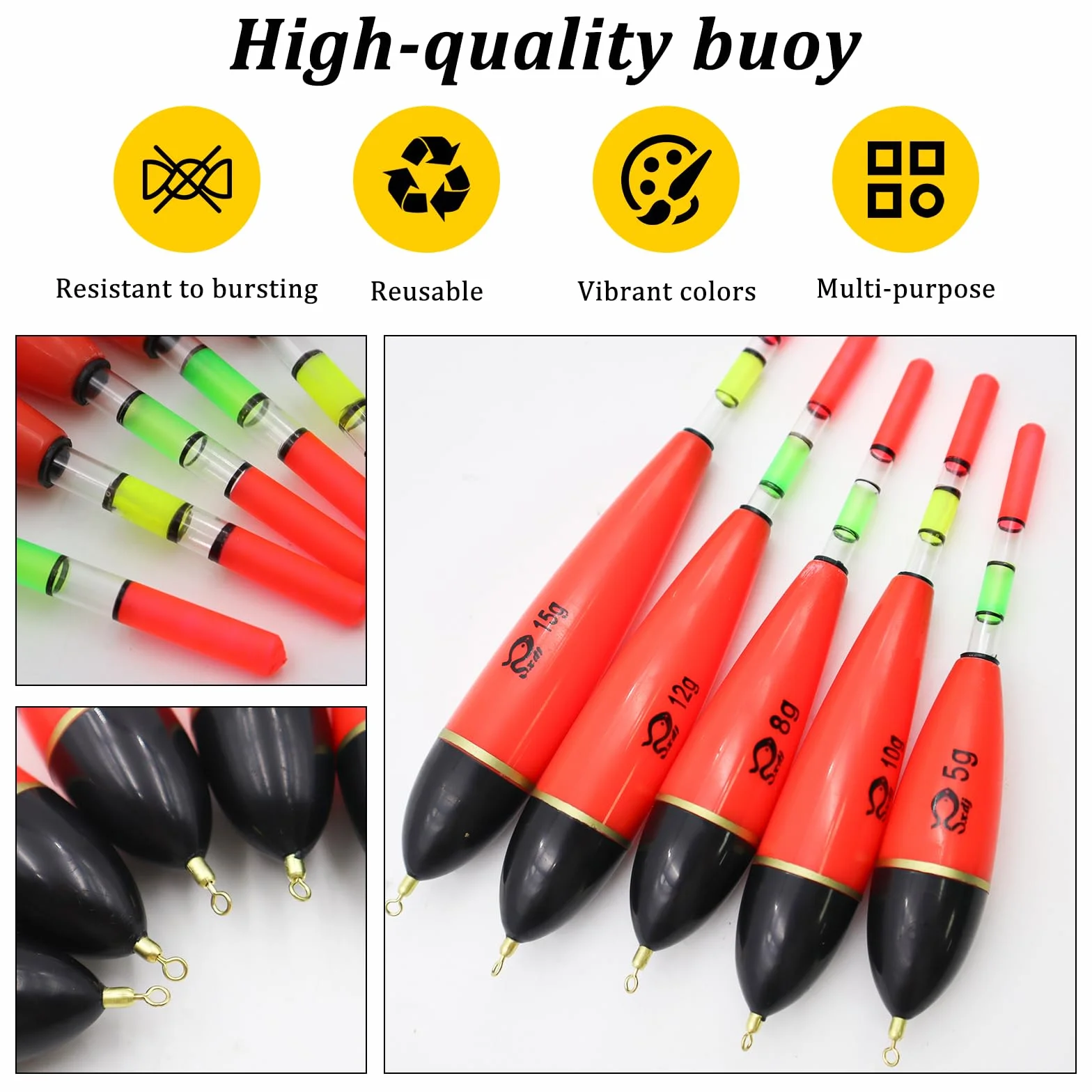 OMJMYY 5 Unidades de flotadores de Pesca Luminosos 5 g/8 g/10 g/12 g/15 g portátil Pesca flotadores Accesorios de Pesca Set de Espuma EVA para Lucio Perca Carpa Diferentes Especies de Peces Grandes