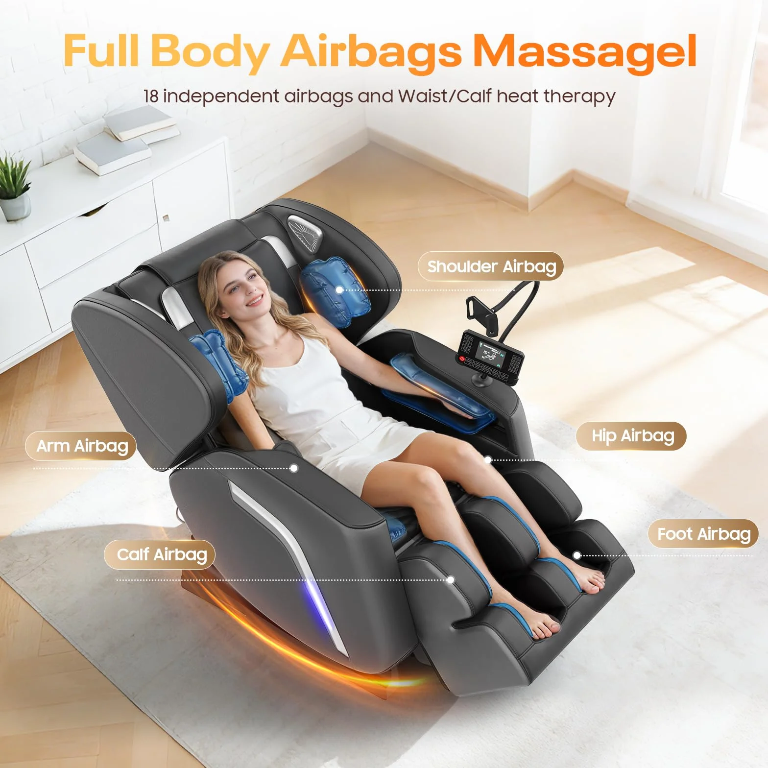 Sillón de Masaje con 14 Rodillos, 9 Airbags, Calefacción Espalda Piernas, Bluetooth, Control Smartphone