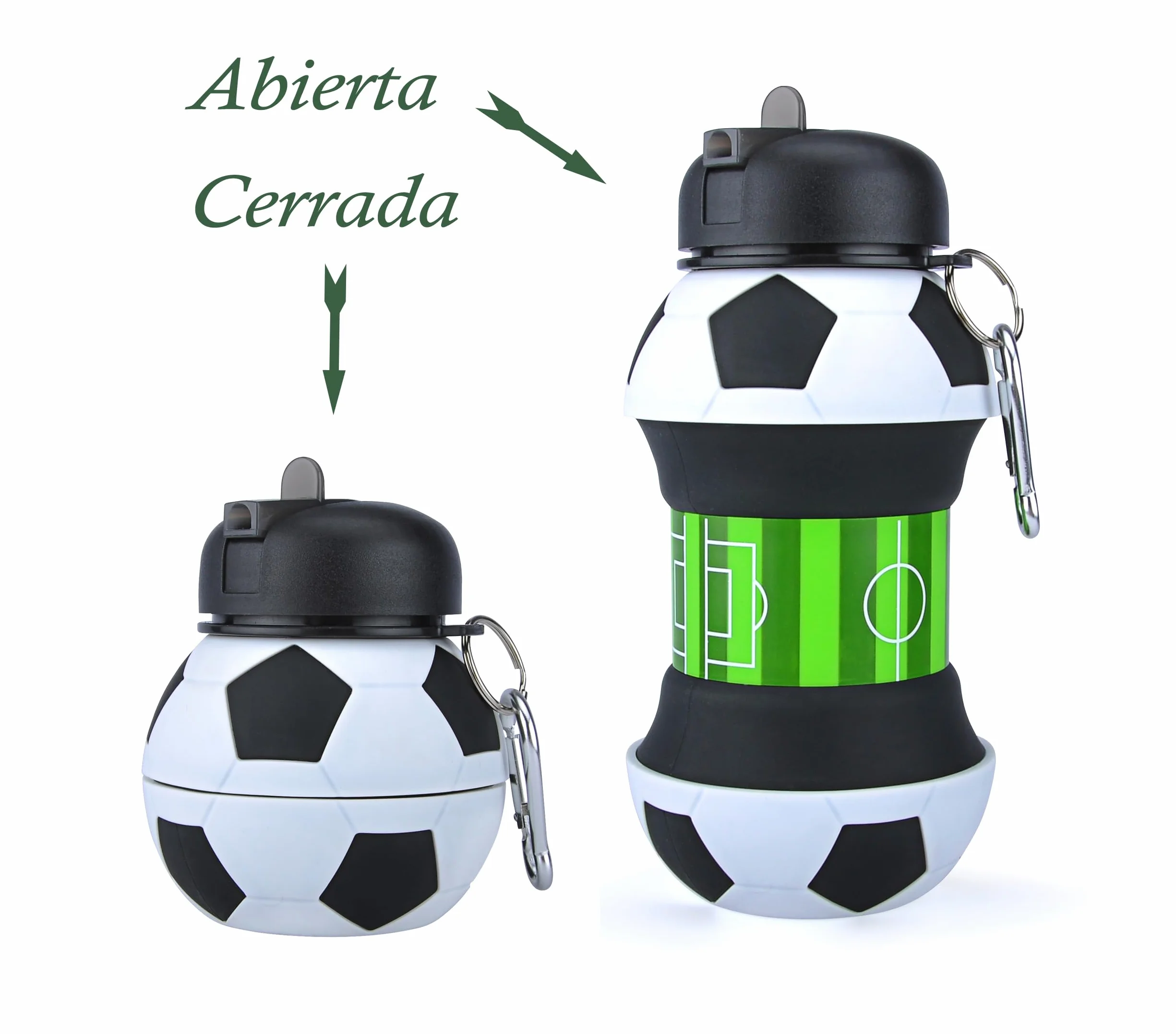 Botella de agua plegable para niños y niñas sin bpa. Cantimplora infantil para camping, personalizada con tu deporte. Balón de agua compacto para regalo original (Futbol)
