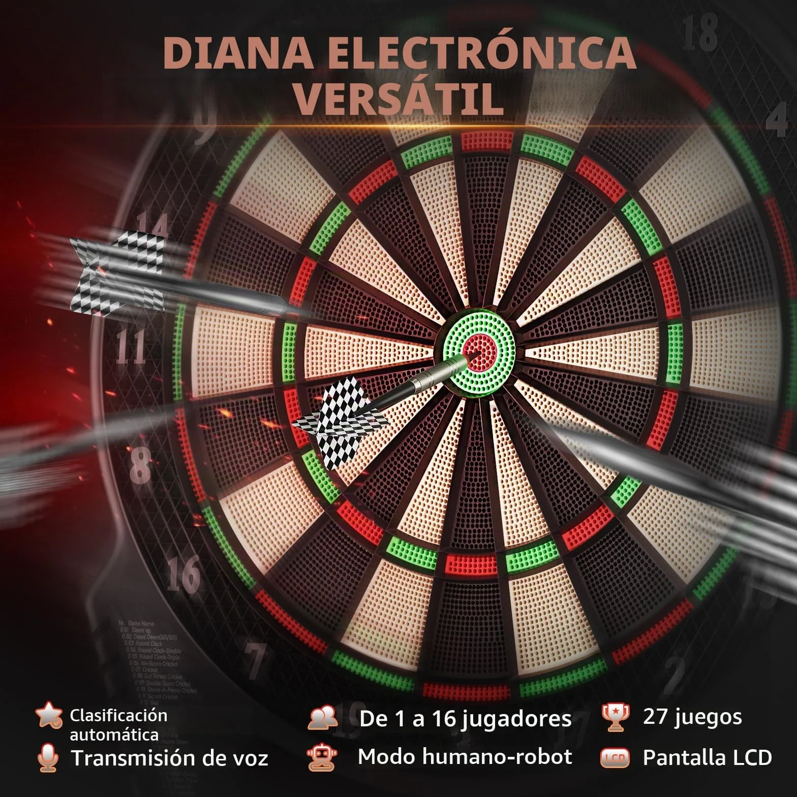 Diana Electrónica Profesional con Pantalla LCD Digital y Dardos de Punta Suave, Diana Dardos Electronica con 27 Juegos, 243 Modos Ideal para Amigos, Familia, Oficina, Fiestas de Pub.