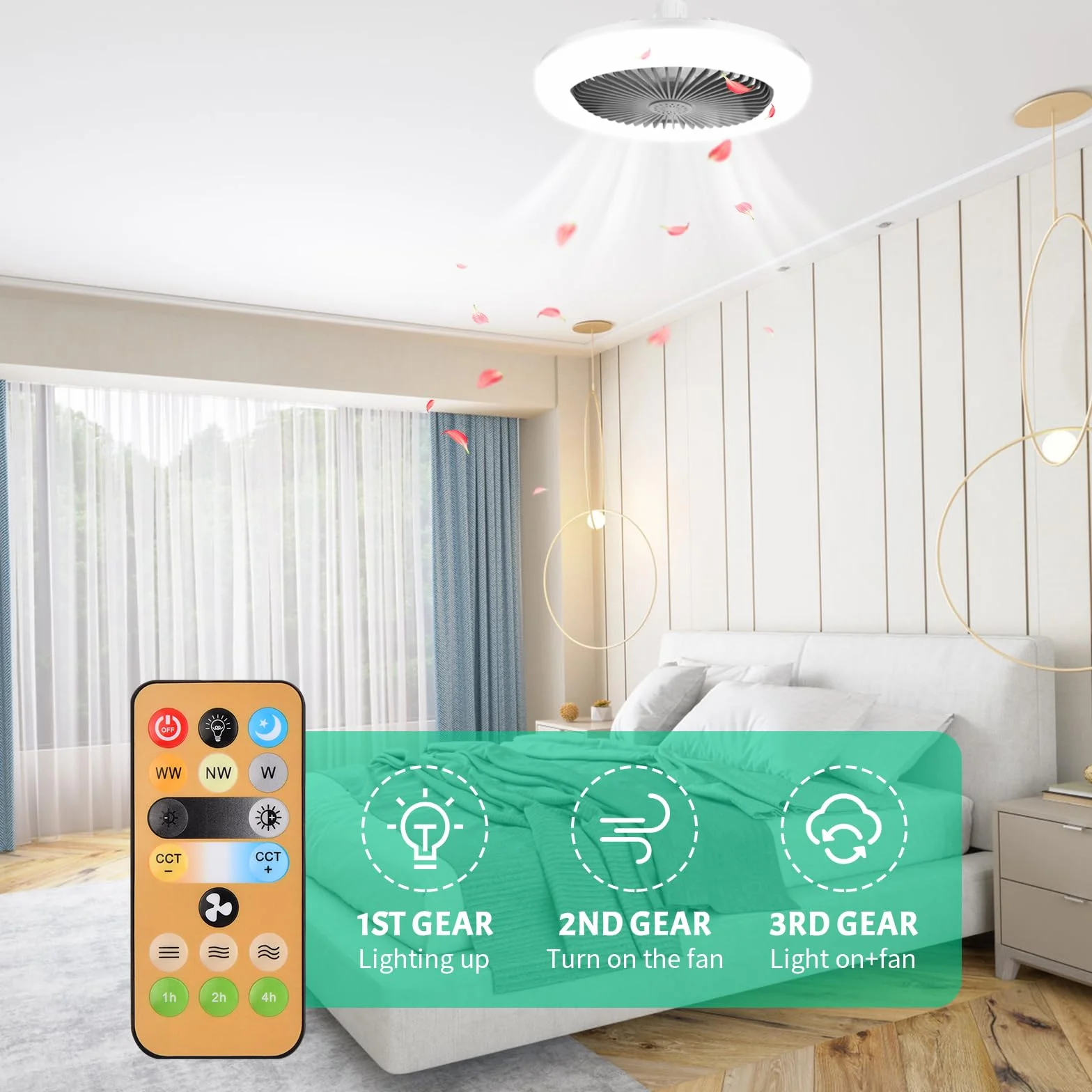 Ventilador de Techo con Luz LED Regulable 30W, E27, Control Remoto, 3 Velocidades, Silencioso para Dormitorio