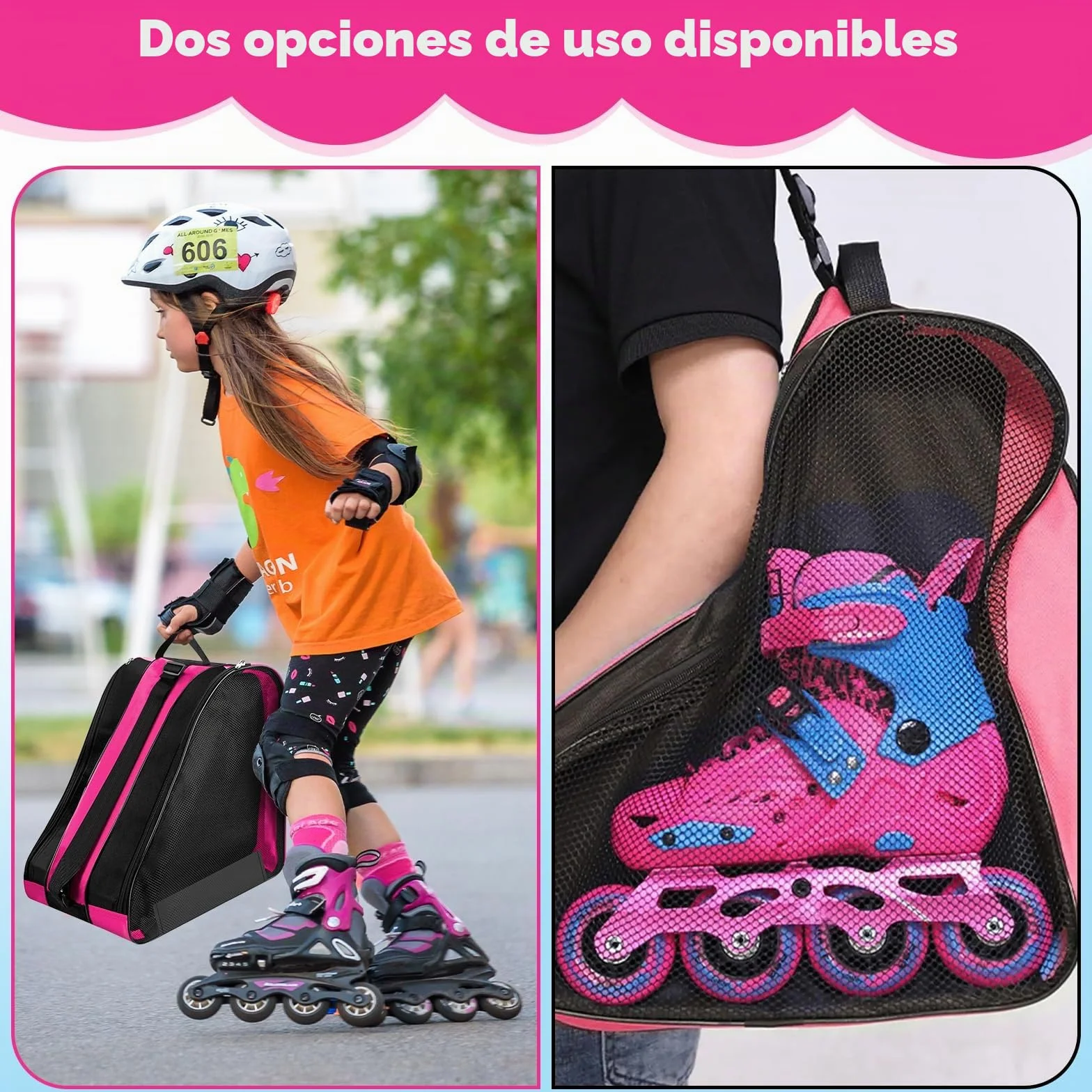 TOSAVGA Mochila para Patines en Linea Bolsa Patines Niña, Bolsa para Patines de Ruedas, Mochila Patines Bolsa Linea Guardar Patnes con 3 Compartimentos para Patines de Hielo y a Rueda